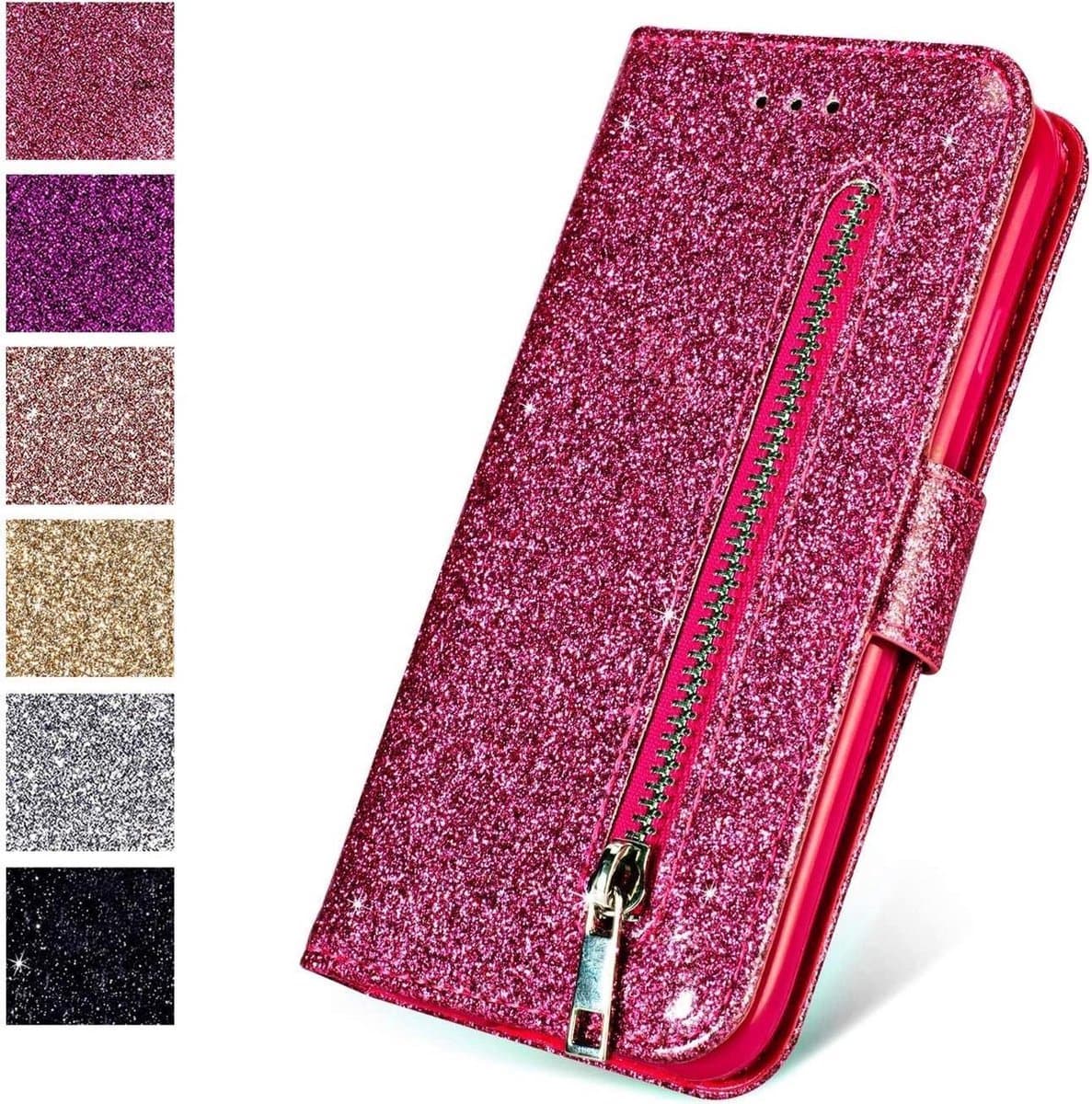 Glitter Bookcase Hoesje Geschikt voor: Samsung Galaxy A23 (4G & 5G) met rits - hoesje - portemonneehoesje - Roze - ZT Accessoires