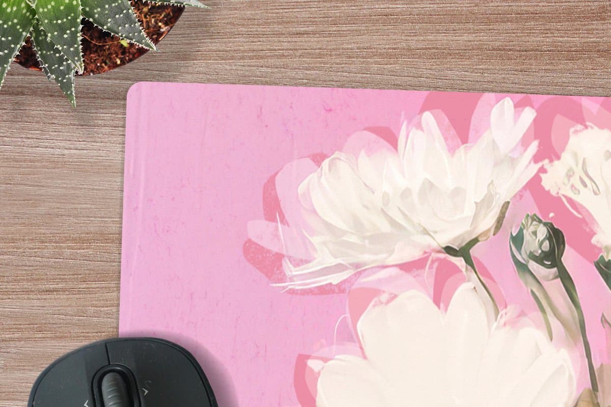 Muismat XXL 90x60 cm - Bureau onderlegger - Bureau mat Bloemen - Vaas - Planten - Wit - Bureaumat - Gaming mousepad xl - Bureaulegger groot - Computer deskmat