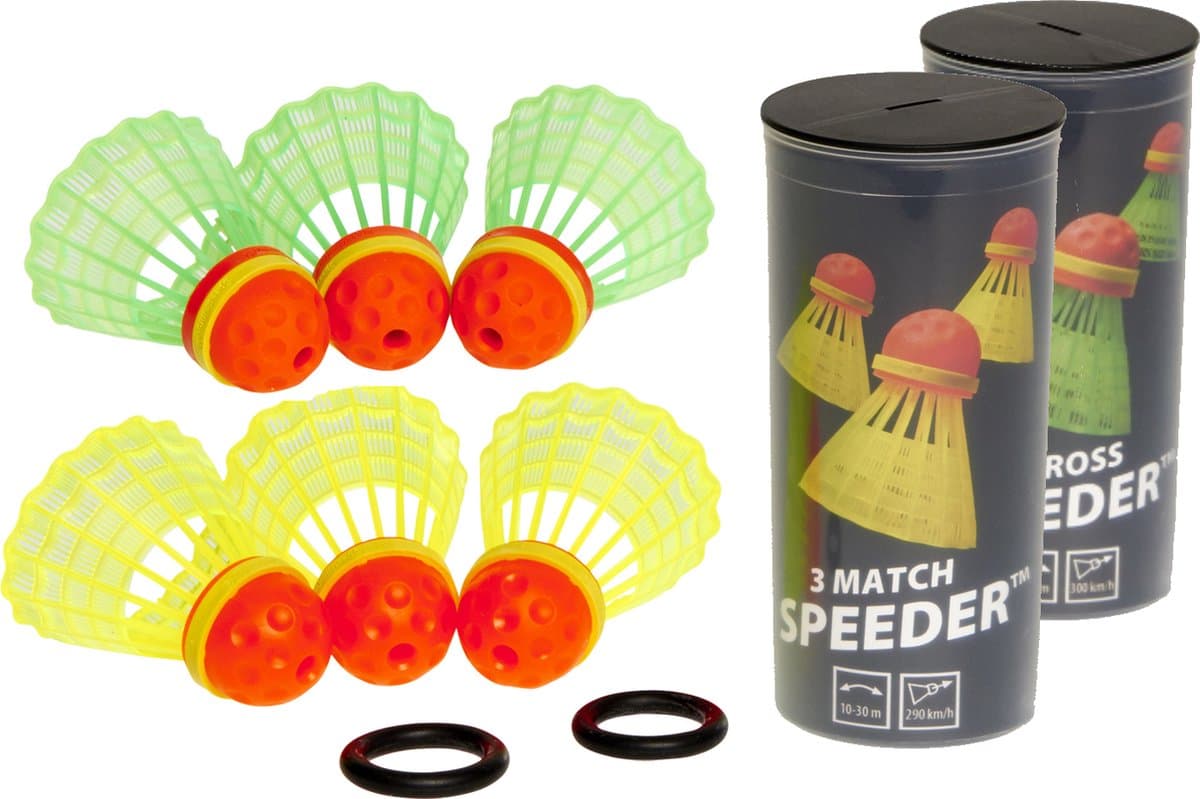Speedminton Speeder Combi - 6 stuks - 3 Match Speeder - 3 Cross Speeder - speedbadminton - crossminton - speed badminton shuttle - Groen - Geel