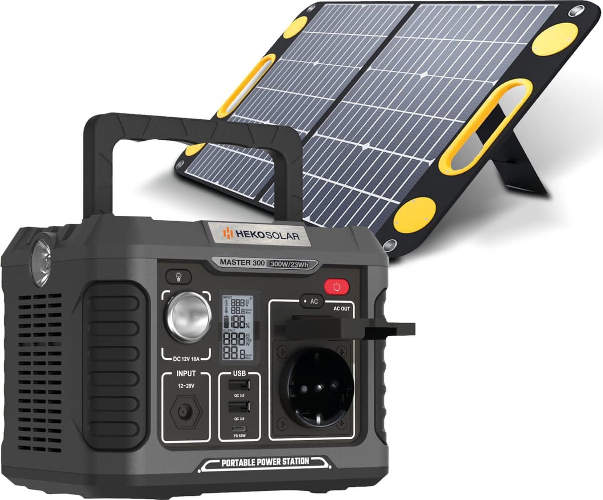 Heko Solar® Master 300 + Unfold 60 - Powerstation met Zonnepaneel - 300W (600W Piek) - 231Wh Capaciteit - 60W Zonnepaneel - Draagbaar - Generator - Voor Noodpakket, Stroomuitval, Kamperen en Outdoor