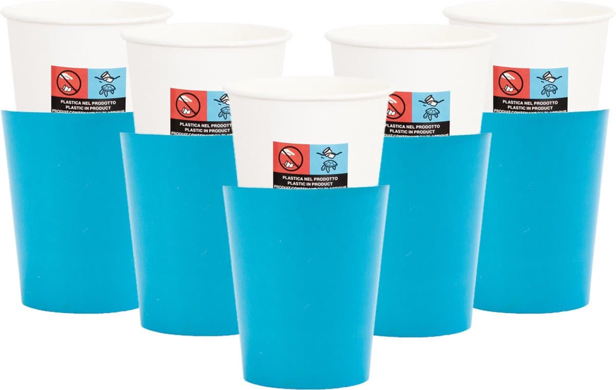 Givi Italia Feestbekers met hoesjes - 24x - turquoise blauw - papier - 250ml - kinderfeestje - kartonnen bekertjes