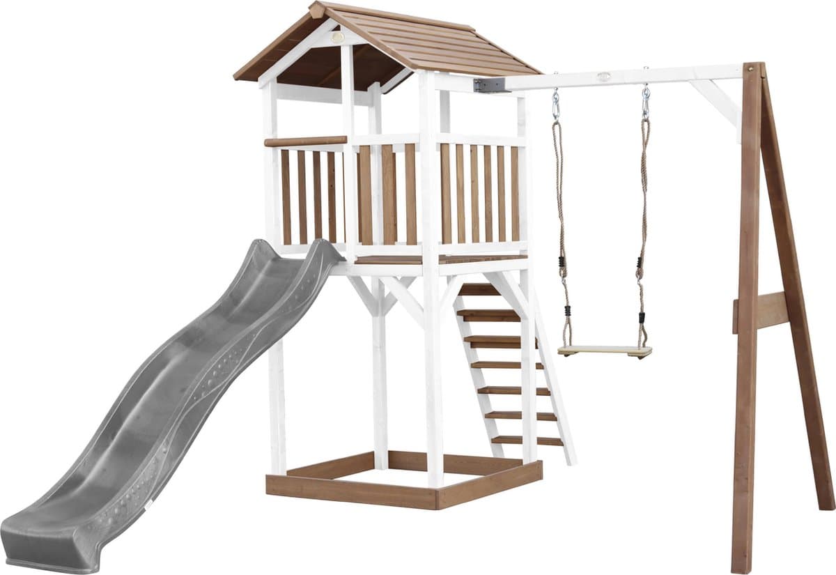 AXI Beach Tower Speeltoestel in Bruin/Wit - Speeltoren met Enkele Schommel, Grijze Glijbaan en Zandbak - FSC hout - Speelhuis op palen voor de tuin