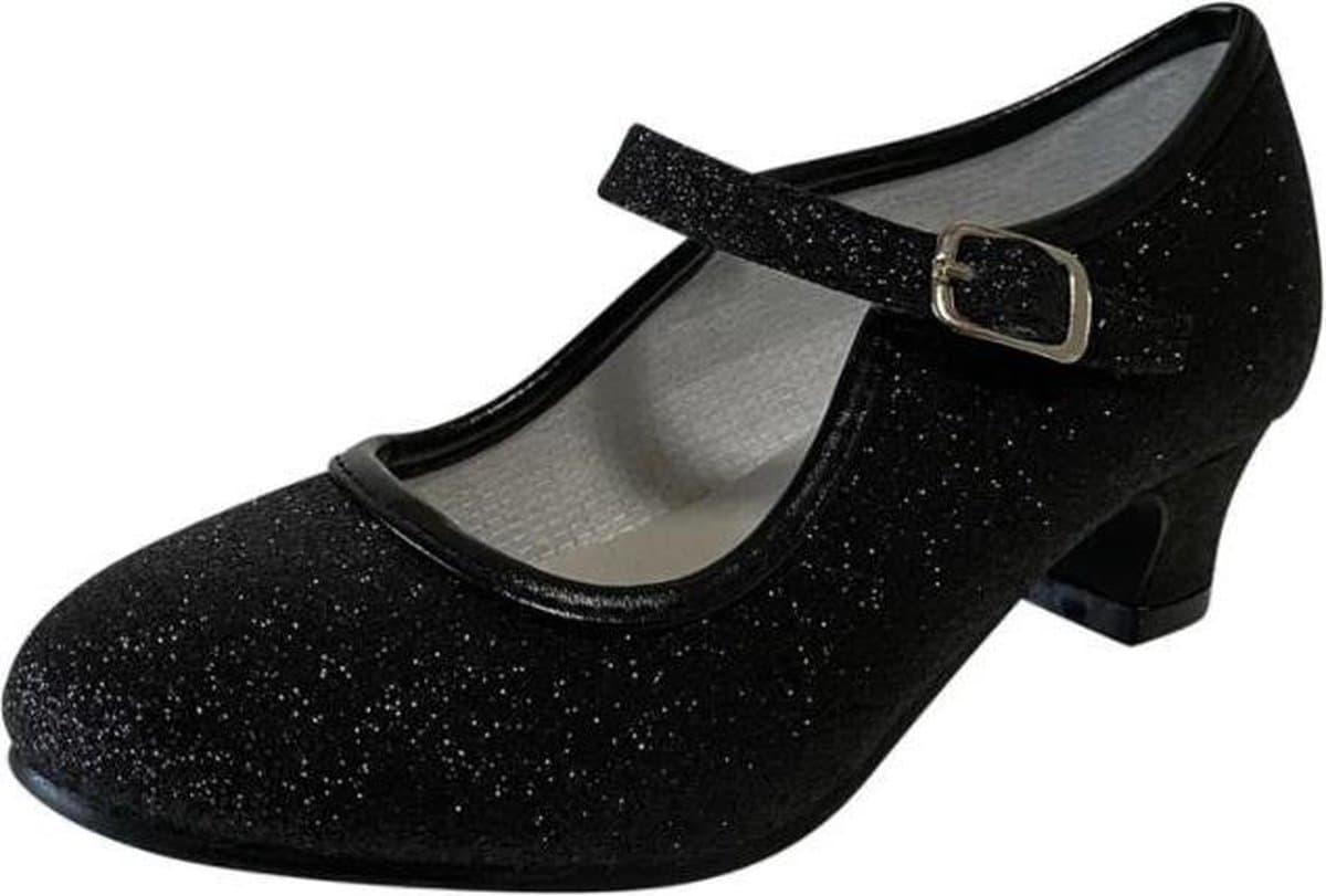 Spaanse Prinsessen schoenen zwart glitter maat 35 - binnenmaat 22,5 cm - bij flamenco jurk - feestkleding - verkleedkleding