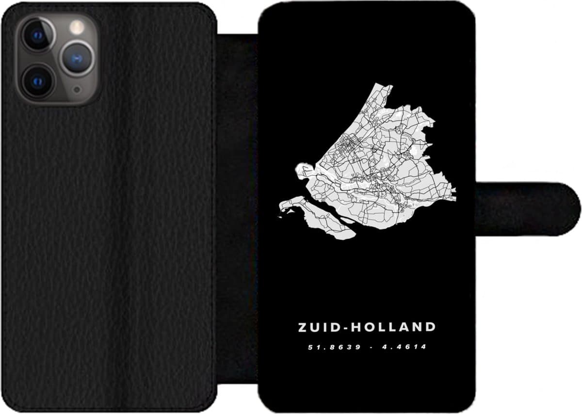 Telefoonhoesje Geschikt voor iPhone 11 Pro Max telefoonhoesje - Zuid-Holland - Kaart - Zwart - Met vakjes - Wallet case met magneetsluiting