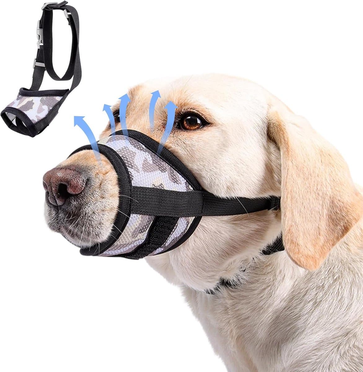 Muilkorf voor honden met een elastische halsband die ontsnapping voorkomt. De zachte en ademende mesh-stof voorkomt dat honden bijten, blaffen en kauwen, terwijl ze wel kunnen drinken en hijgen. Verstelbare muilkorf - zwart, maat L.