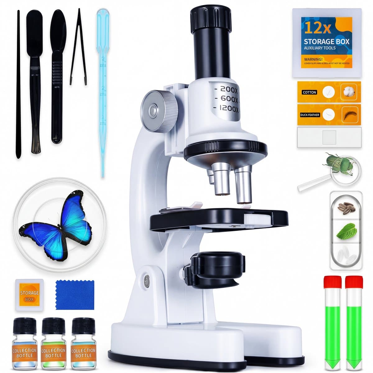 Silvergear Microscoop Set voor Kinderen - 200x Tot 1200x Vergroting - Kinder Microscoop met Preparaten en LED Verlichting - Educatief Speelgoed - Cadeau voor Jongens en Meisjes - 6, 7, 8, 9, 10, 11, 12, 13, 14, 15, 16+ Jaar - Wit