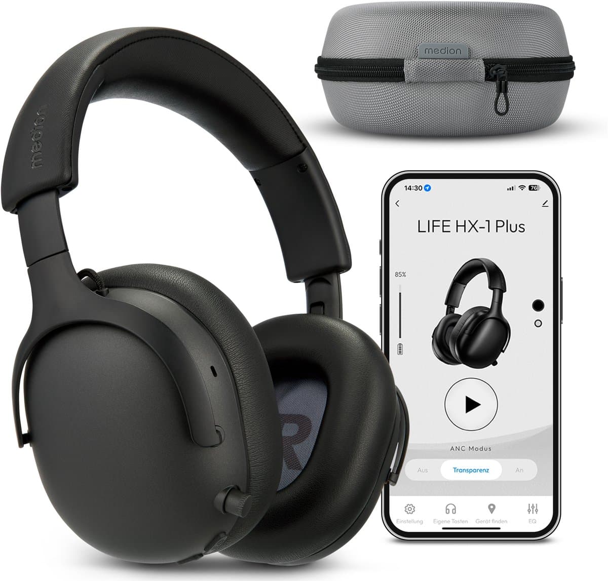MEDION Over Ear koptelefoon HX-1 Plus (draadloos, Feed Forward Noise Cancelling, Bluetooth 6.0, 5+1 EQ-presets, tot 100 u batterijduur, spatwaterdicht IPX4), zwart