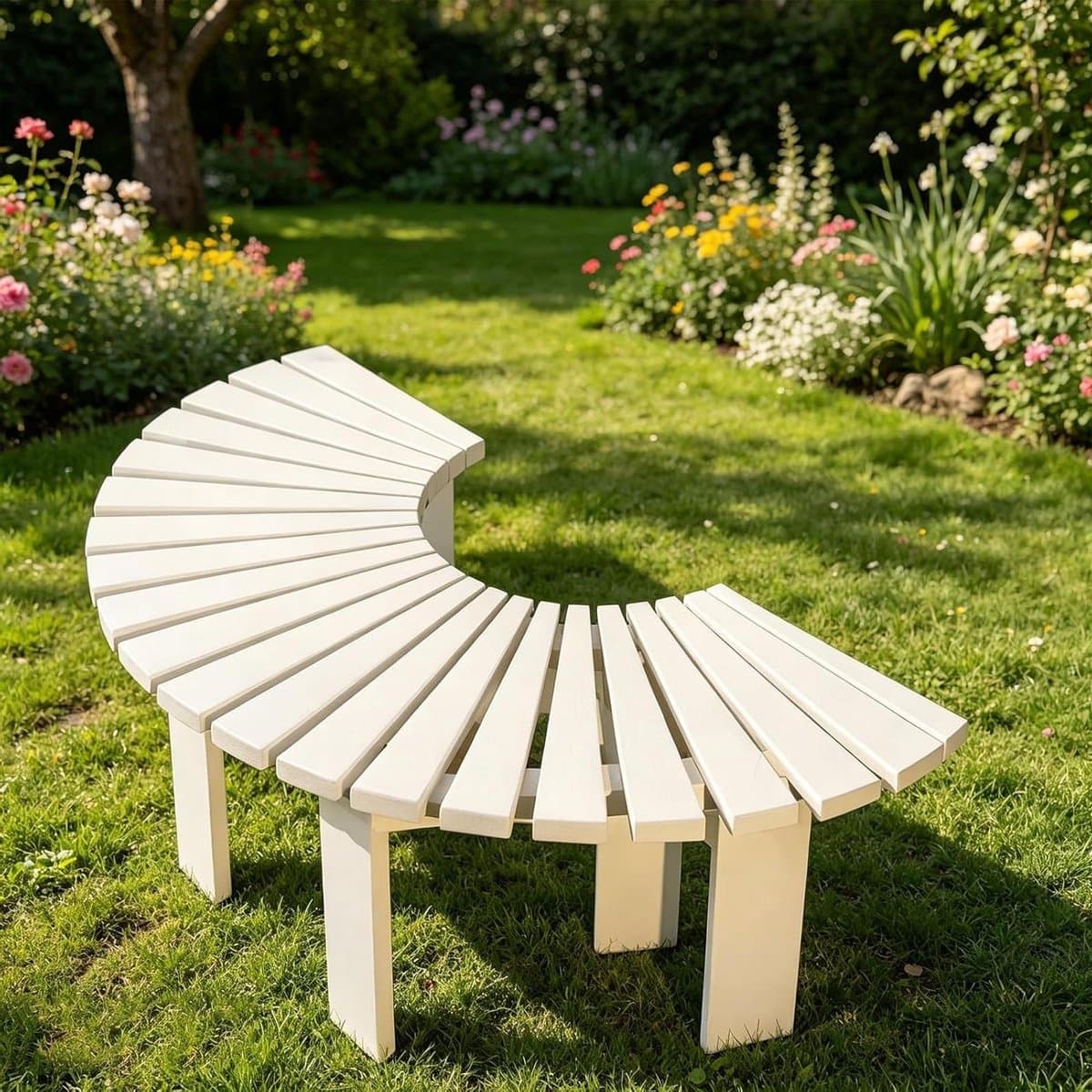 Boomstoel Halfrond - Tuinbank Rond - Ontspannen in de tuin - Massief houten constructie - 125 x 65 cm - Wit