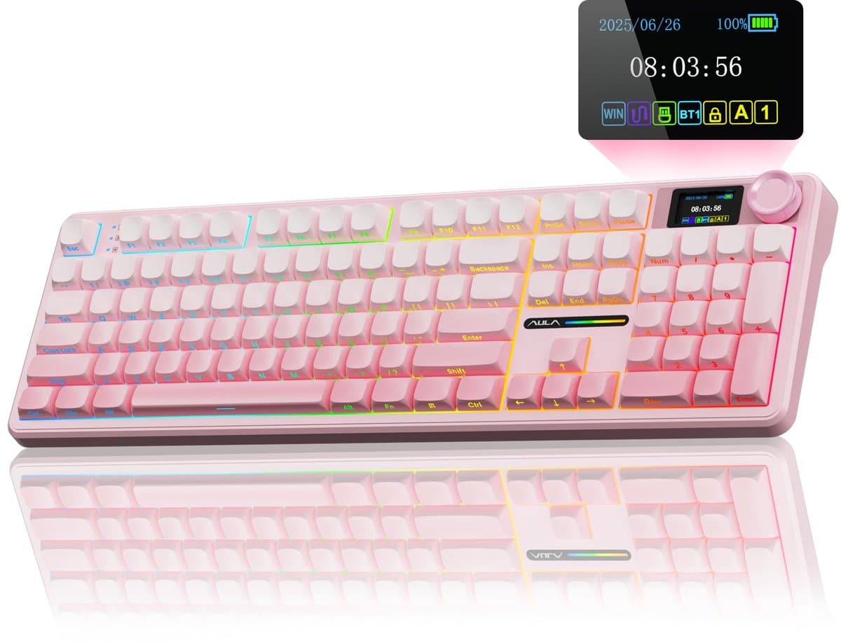 AULA F108 PRO Draadloos Mechanisch Toetsenbord - Met Scherm En Knop - Volledig Formaat Met 8000mAh Batterij - Vooraf Gesmeerde Schakelaars - Zijbedrukte PBT-Toetskappen - RGB-Achtergrondverlichting Hot-Swappable - Roze
