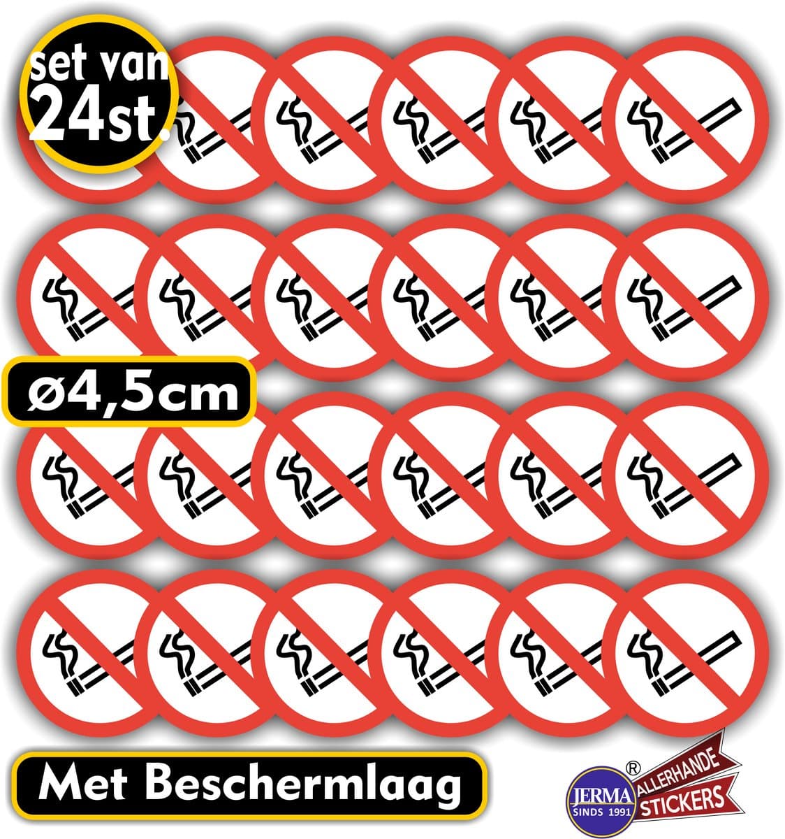 Jerma - Verboden te roken - Stickers - Set 24 - Ø 4.5 cm - Zelfklevend - Weerbestendig - Vinyl