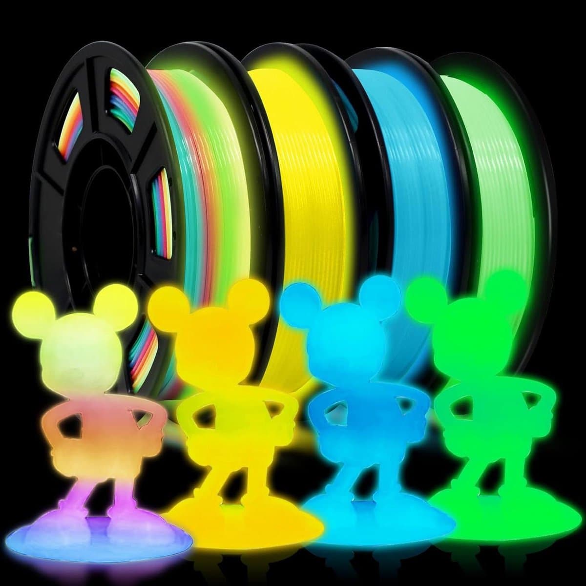 PLA Filament Set - 3D Printer Filament - 3D Printen - Lichtgevend - 4 x 250g - Groen Blauw Geel Regenboog