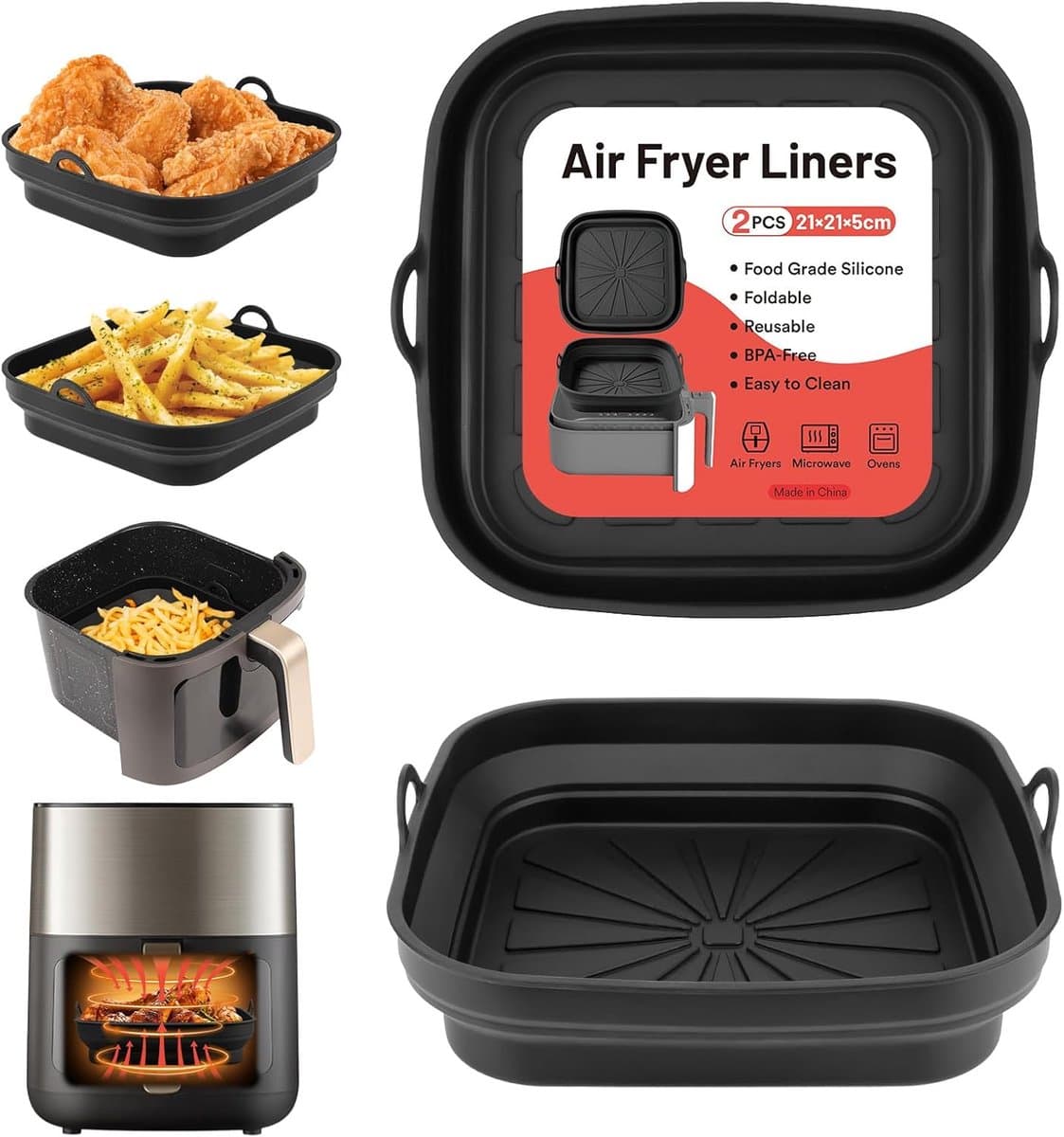 Air Fryer Siliconen Pot 2 Stuks - Herbruikbare Airfryer Pan Liners - Opvouwbare Heteluchtfriteuse Mand - Anti-aanbak accessoires voor Magnetron en Oven - Zwart