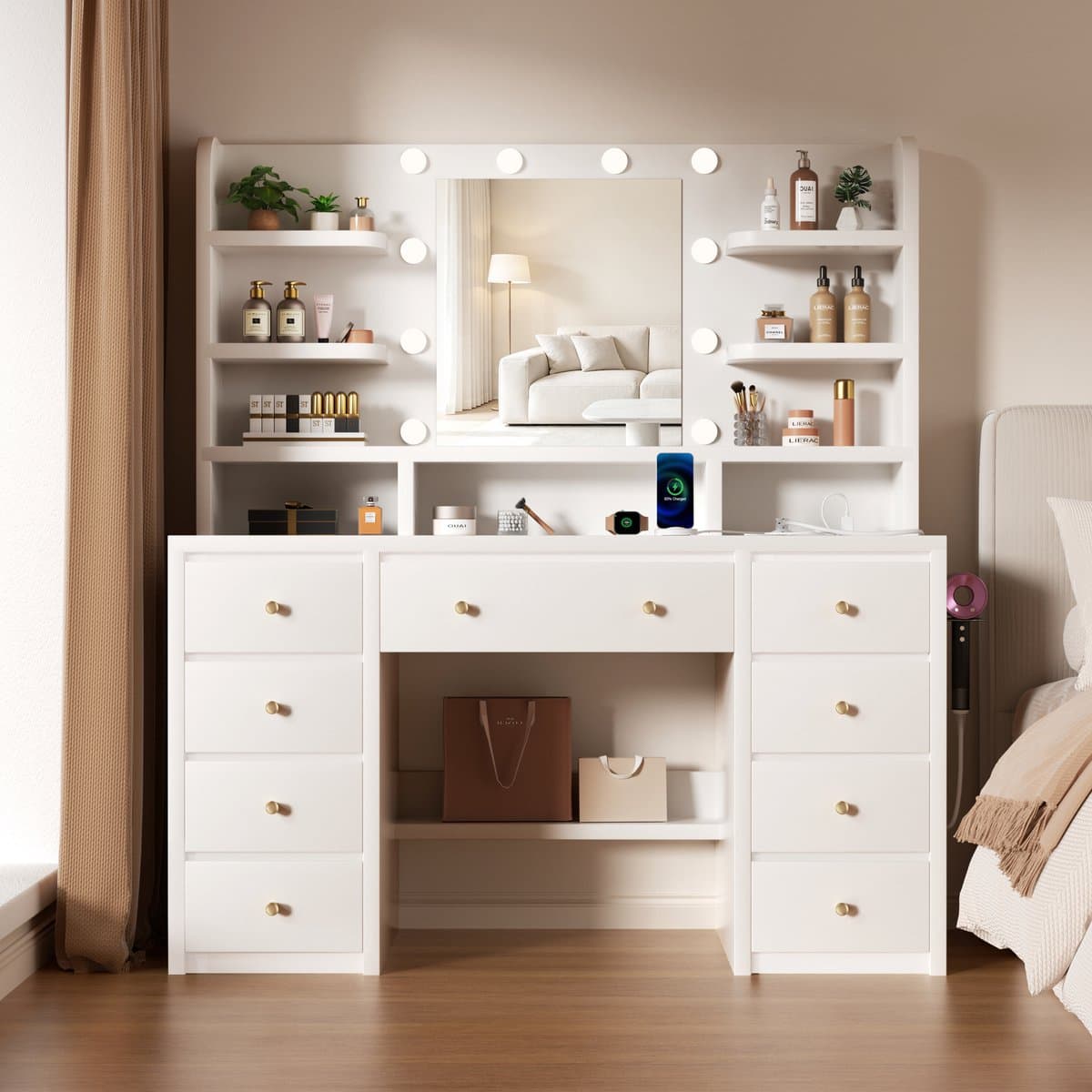 Saikefy Kaptafel - make up tafel met spiegel - 3 soorten LED-verlichting - Met haak voor föhn - Met Stopcontacten & USB-poorten- 8 laden en 11 open opbergruimten - Voor Slaapkamer Kleedkamer - Wit