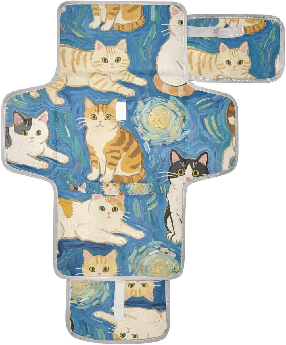 Baby Aankleedkussen - Draagbaar Verschoonkussen - Luier Wisselen - Met Ingebouwd Kussen - 62 x 30 cm - Blauwe Kat