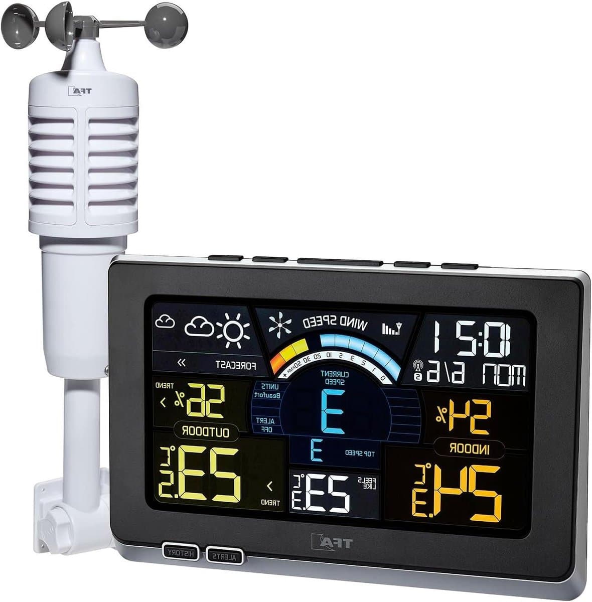 Draadloos Weerstation - Weersvoorspeller Klok - Binnenklimaat Monitoren - Met Windmeter - 208x140mm - Zwart