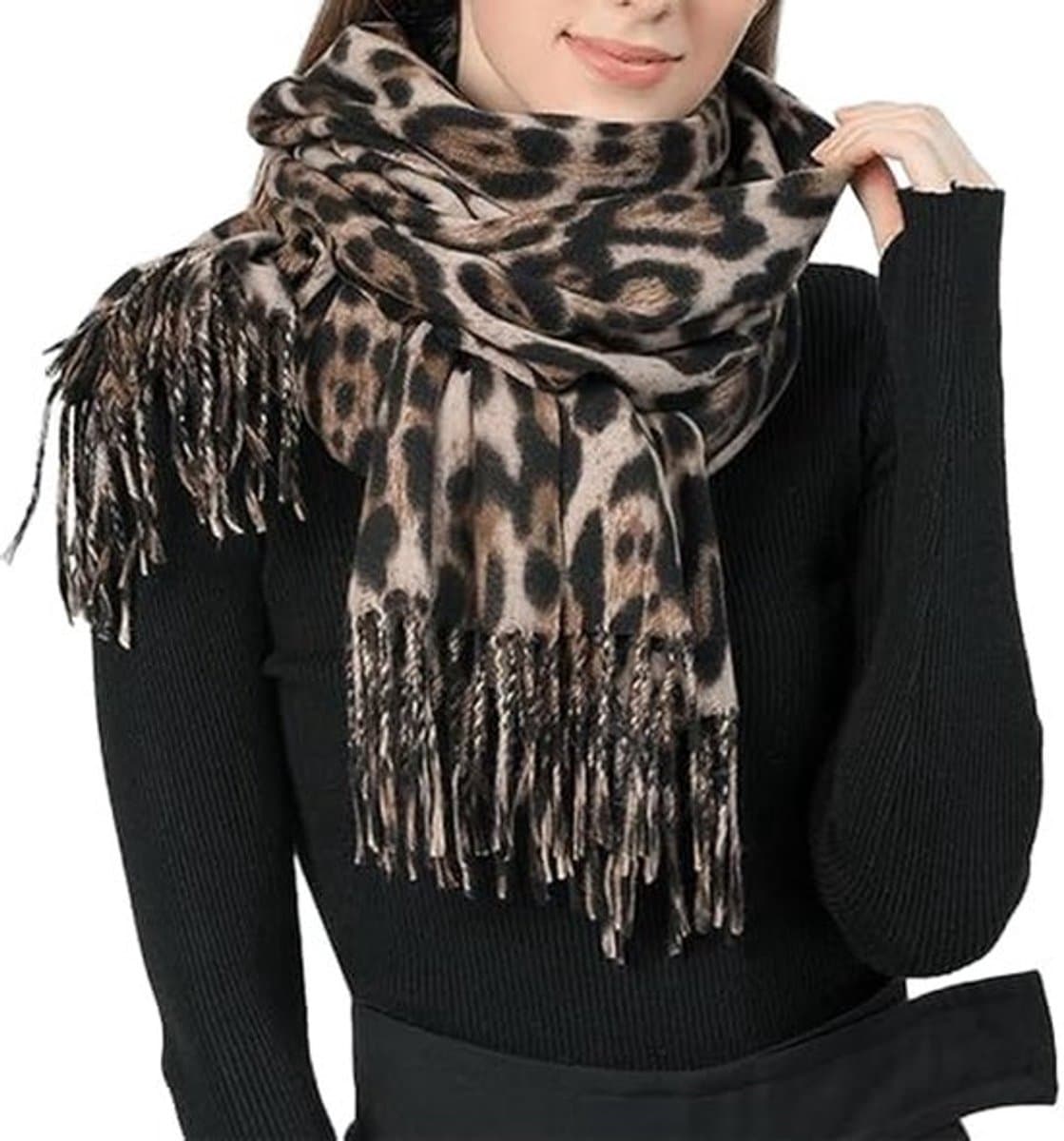 1 Wintersjaal - 180 × 70 cm - Met kwastjes - Opvouwbaar - Warme sjaal voor koud weer - Zacht en comfortabel - Veelzijdig - Kaki