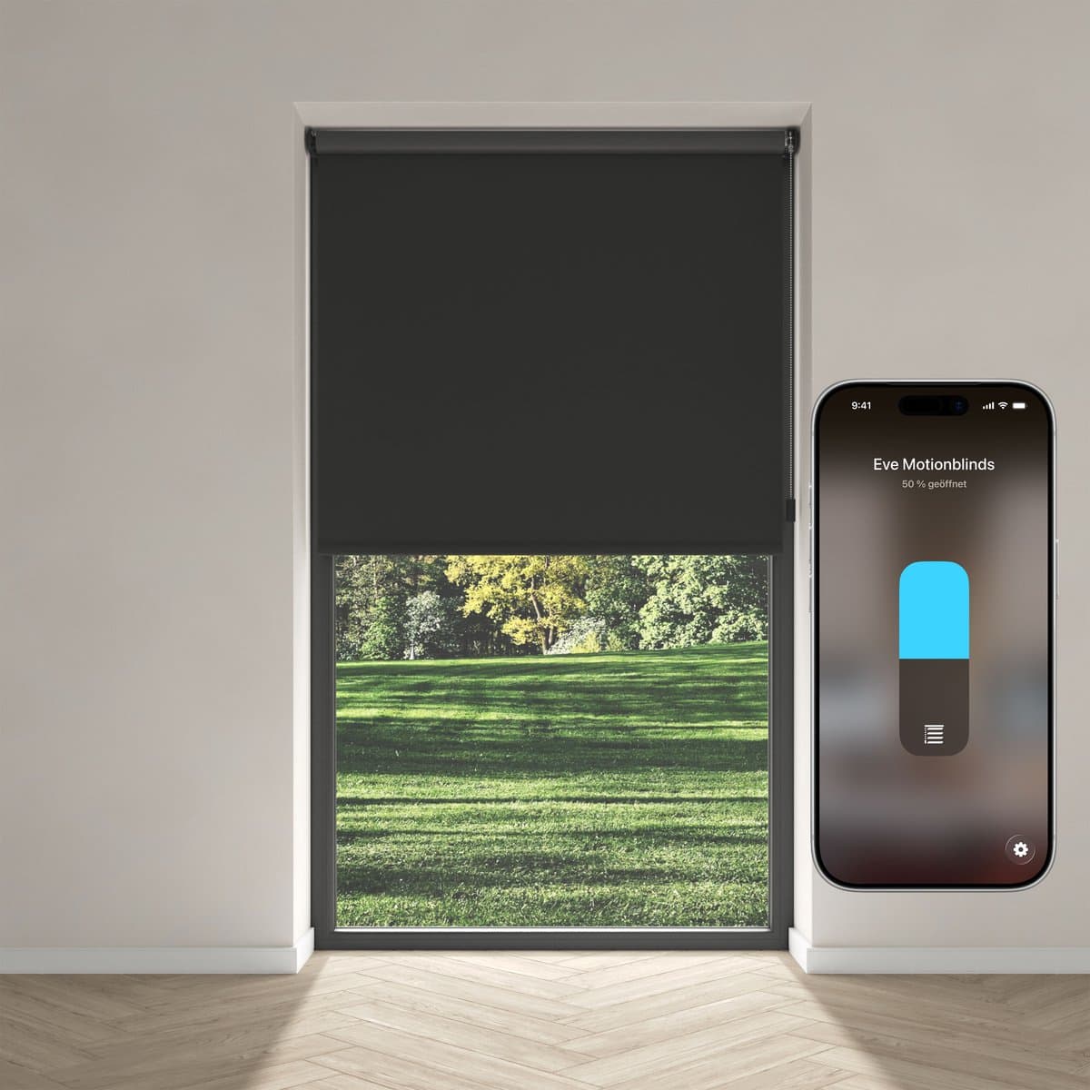 Eve Motionblinds (Matter) - Slim elektrisch rolgordijn voor binnen, app-/spraakbediening, schema's, verduisterend, oplaadbare accu, vrijhangend, schroefmontage, automatiseringen, vereist een hub, zwart - 150x190cm
