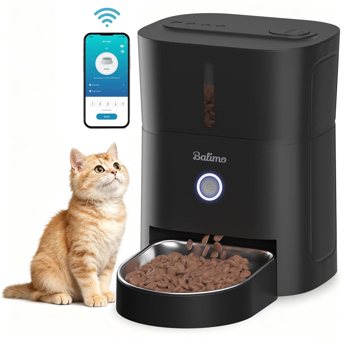 Balimo Automatische Voerbak - Voor Katten en Honden - 3 L Voerautomaat - WiFi Verbinding - Met App Besturing - Voerdispenser voor Droogvoer - Smartphone Besturing - Zwart