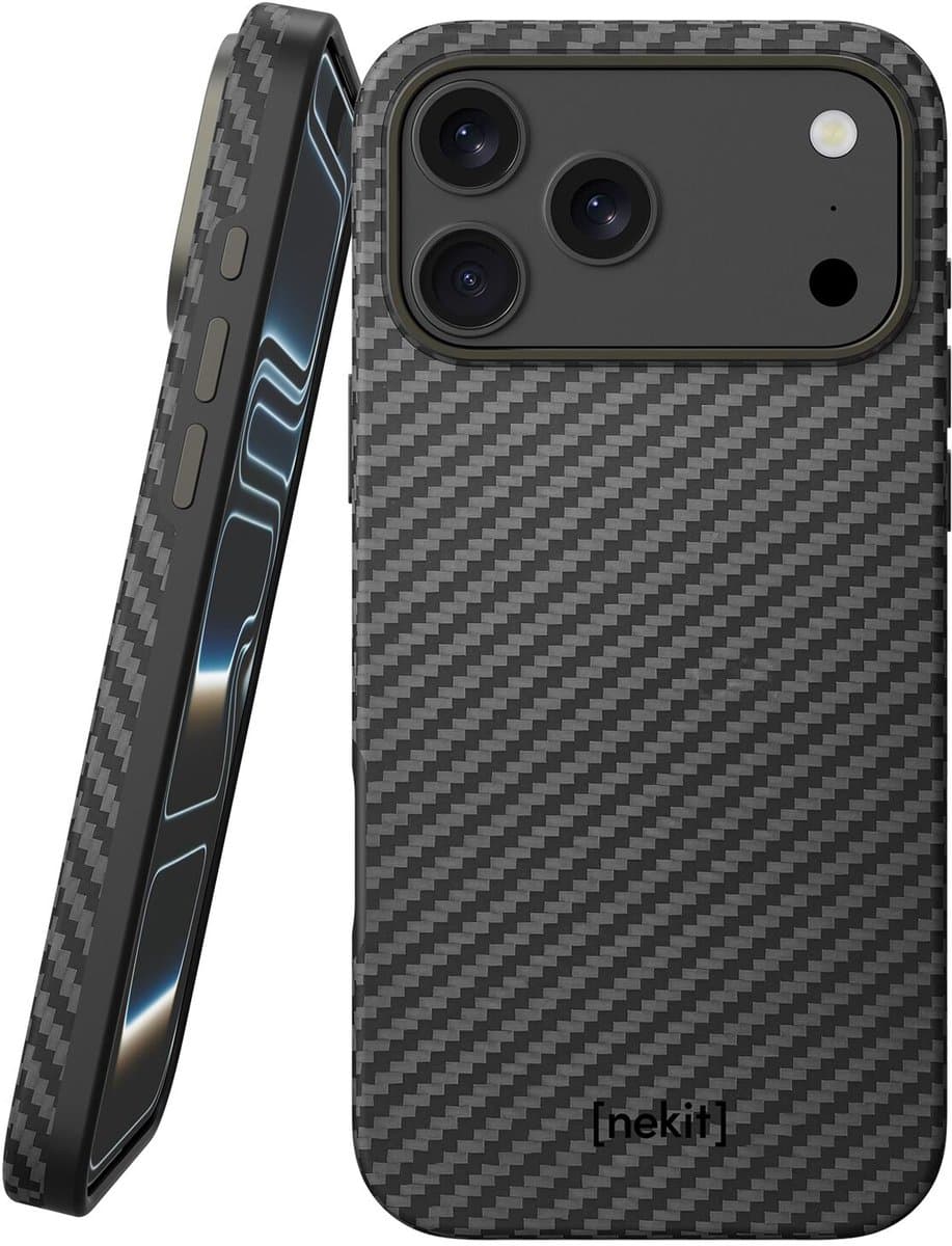 NEKIT Fiber Pro Hoesje Geschikt voor Apple iPhone 17 Pro - Compatibel met MagSafe en Qi2 - High-Tech Kevlar en TPU - Back Cover Dun - Grijs/Zwart