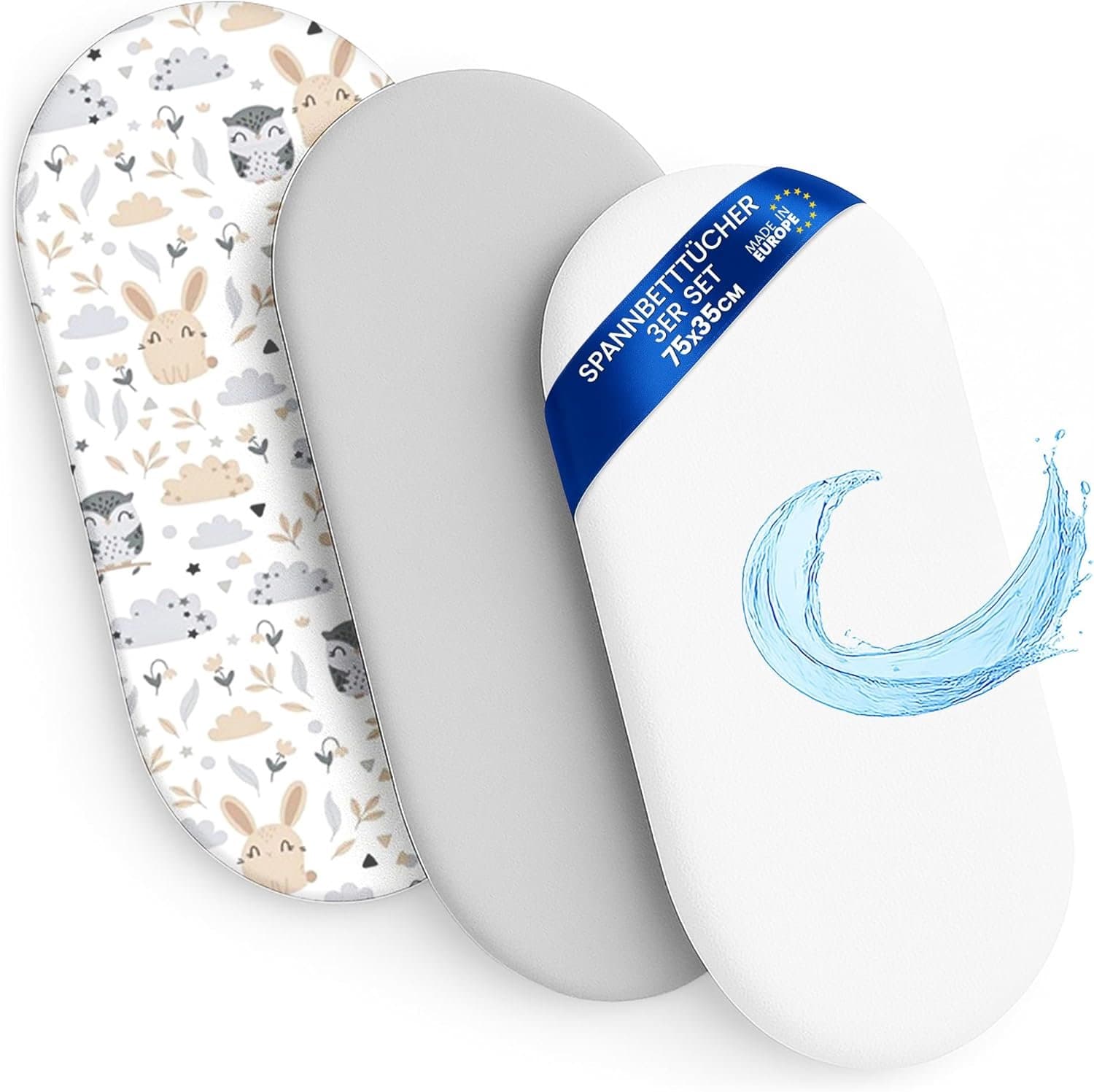 SnelShoppen - Hoeslaken set voor kinderwagen en baby's, 3 stuks, 35 x 75 cm, 2 x bedlaken + 1 x waterdichte matrasbeschermer, accessoires voor babybed