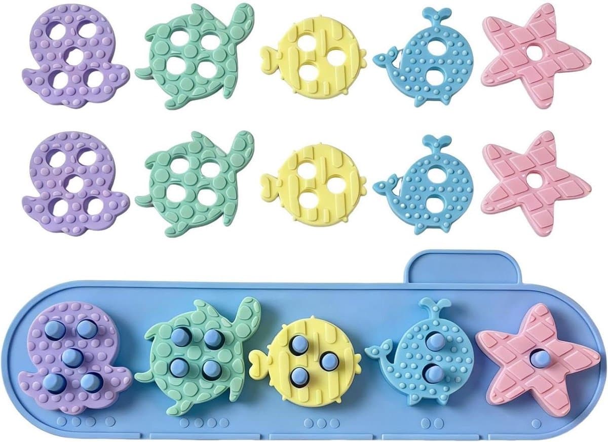 Stapeltoren Zeedieren - Blokken Speelgoed Sensorisch - Ontwikkeling Motoriek - Voedselveilig Siliconen - 28 x 8.8 x 3 cm - Multicolor