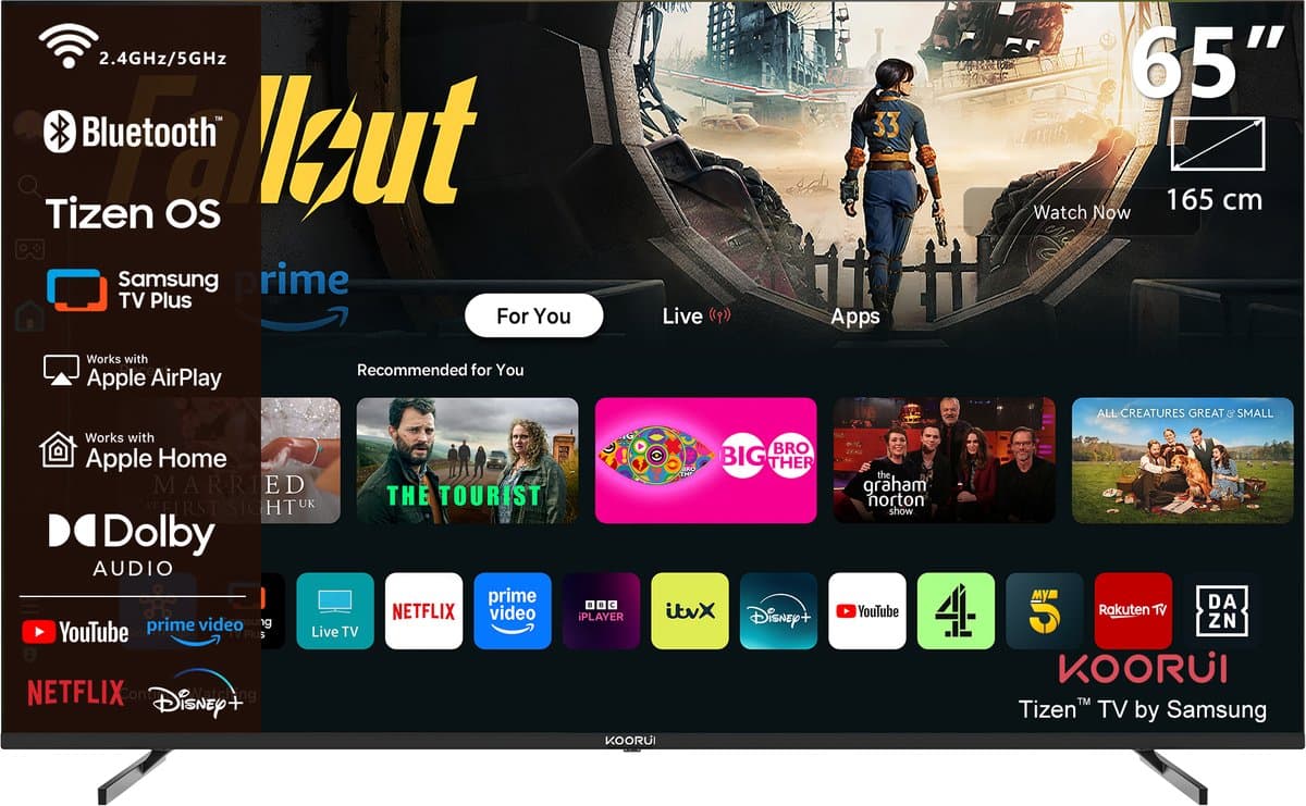 KOORUI K65N3UQ-T8, 65 inch, 4K QLED, TIZEN TV, Randloos ontwerp, Dynamisch geluid met Dolby Audio, Top-end metalen afwerking