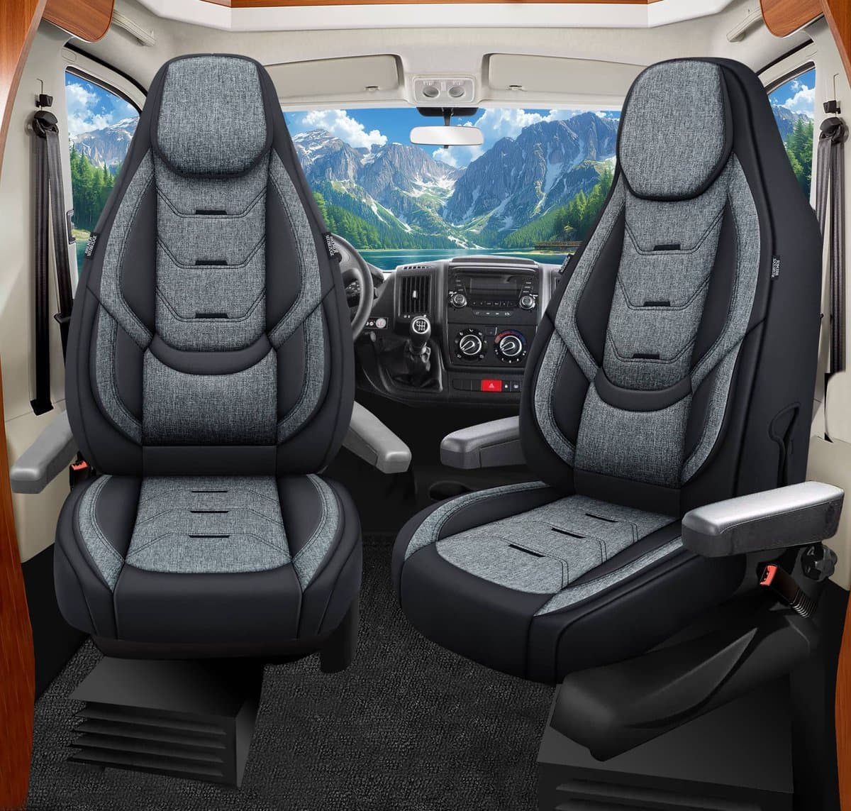 Premium Camper stoelhoezen voor Knaus VAN TI Plus H1 in Zwart/Grijs (2 losse stoelen)