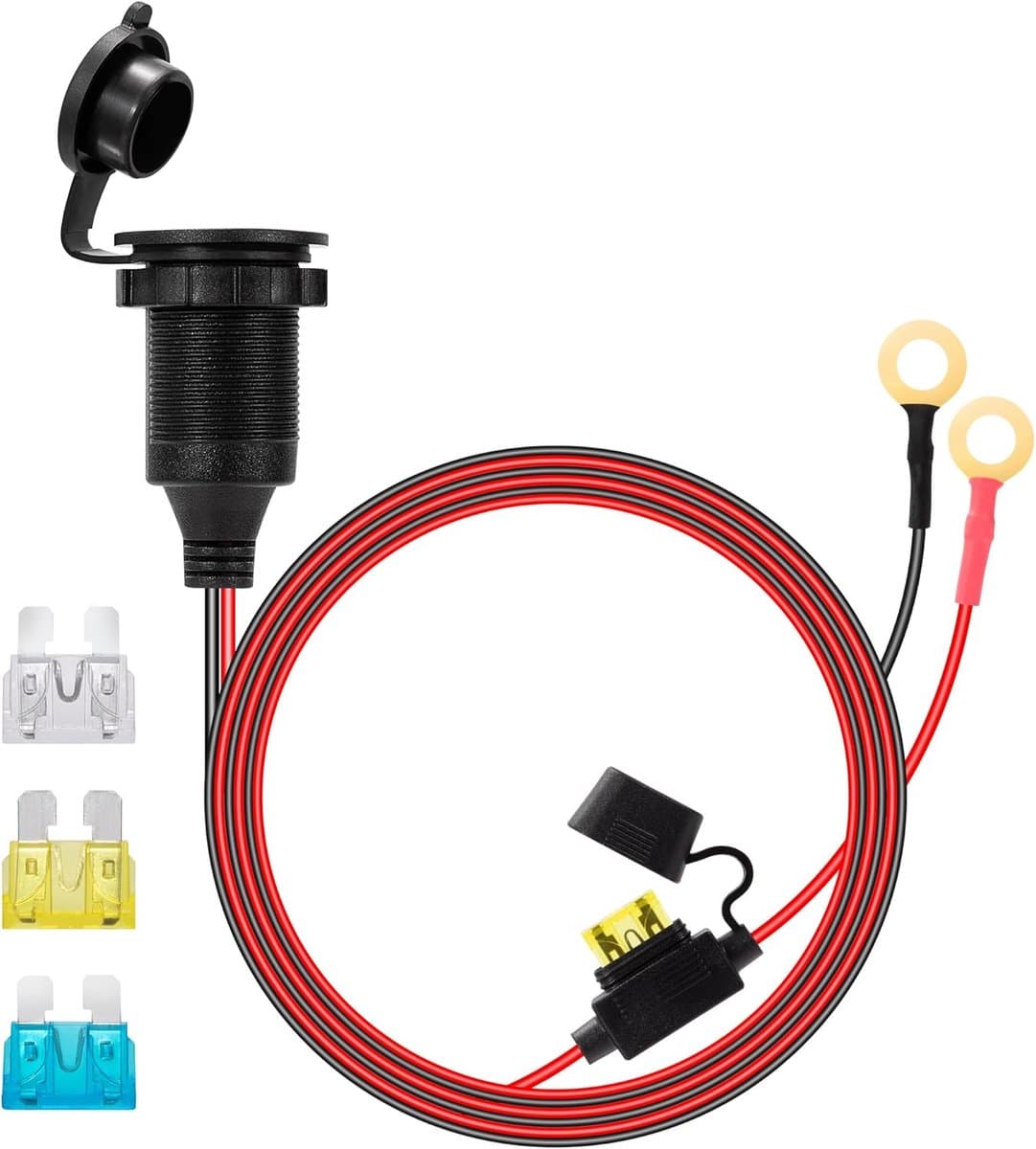 Sigarettenaansteker met verlengkabel, 1 m, 14 AWG, sigarettenaansteker, auto, 12 V/24 V DC, waterdicht, te installeren met 20 A zekering voor auto, boot, motorfiets