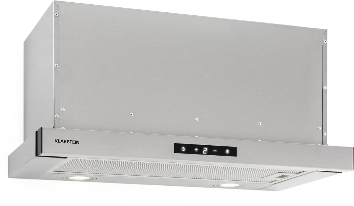 Klarstein Vinea Dunstabzugshaube ausziehbar met 610m³/h max. Abluftleistung, Flachschirmhaube Einbau, Unterbau, Dunstabzugshaube 60cm breit, Abluft/Umluft, Beleuchtung, Aluminium Fettfilter, silber – geschikt voor thuisfitness en sportschoolgebruik,