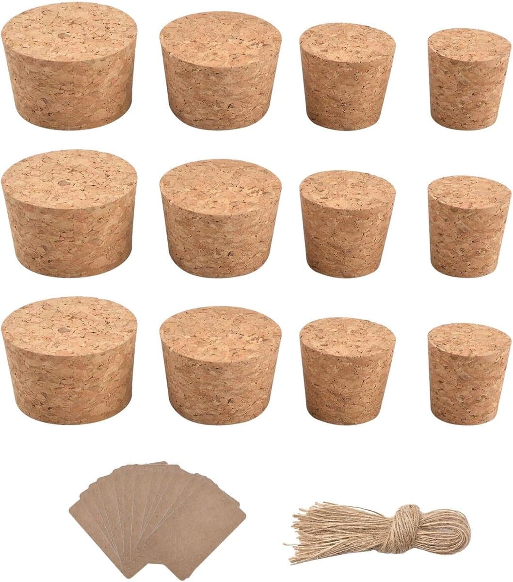 Korken uit zachte natuurlijke kurk, 12 stuks, vier maten, conisch, voor wijn- en bierflessen, met sierhanger en koord
