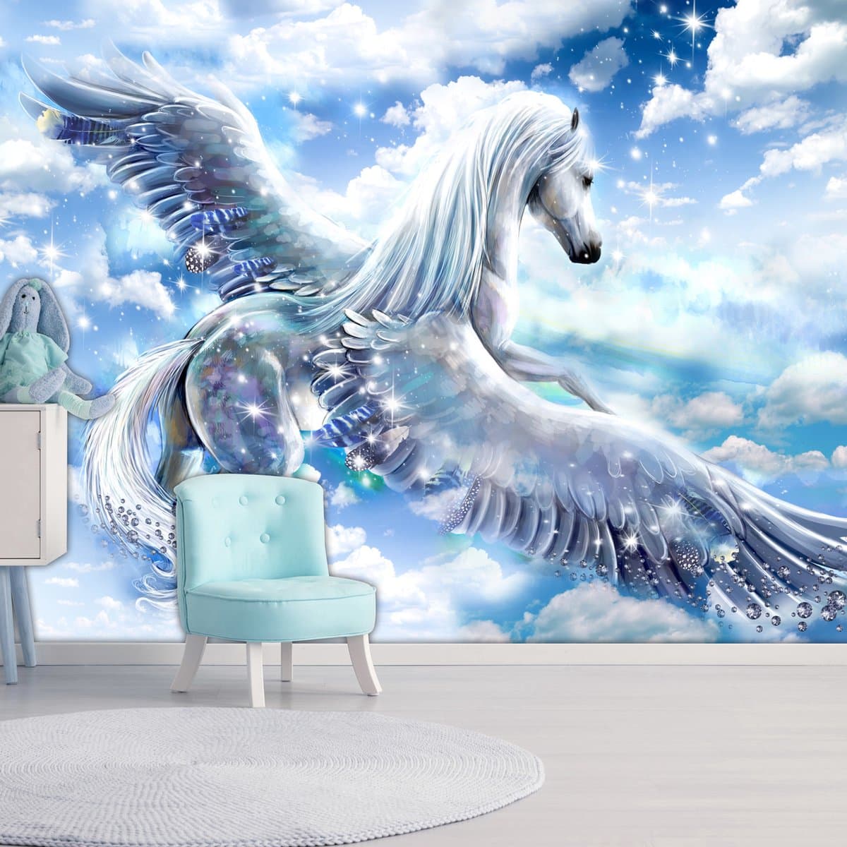 245cm X 175cm - Zelfklevend fotobehang - Pegasus, het gevleugeld paard (Blauw), premium print