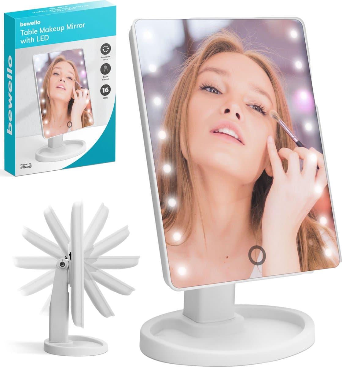 Make Up Spiegel Met LED Verlichting - Verlichte Cosmeticaspiegel Met Touch Bediening - Staande Spiegel Met Opbergvak - Werkt Op Batterijen - 16 LED Lampjes - Wit