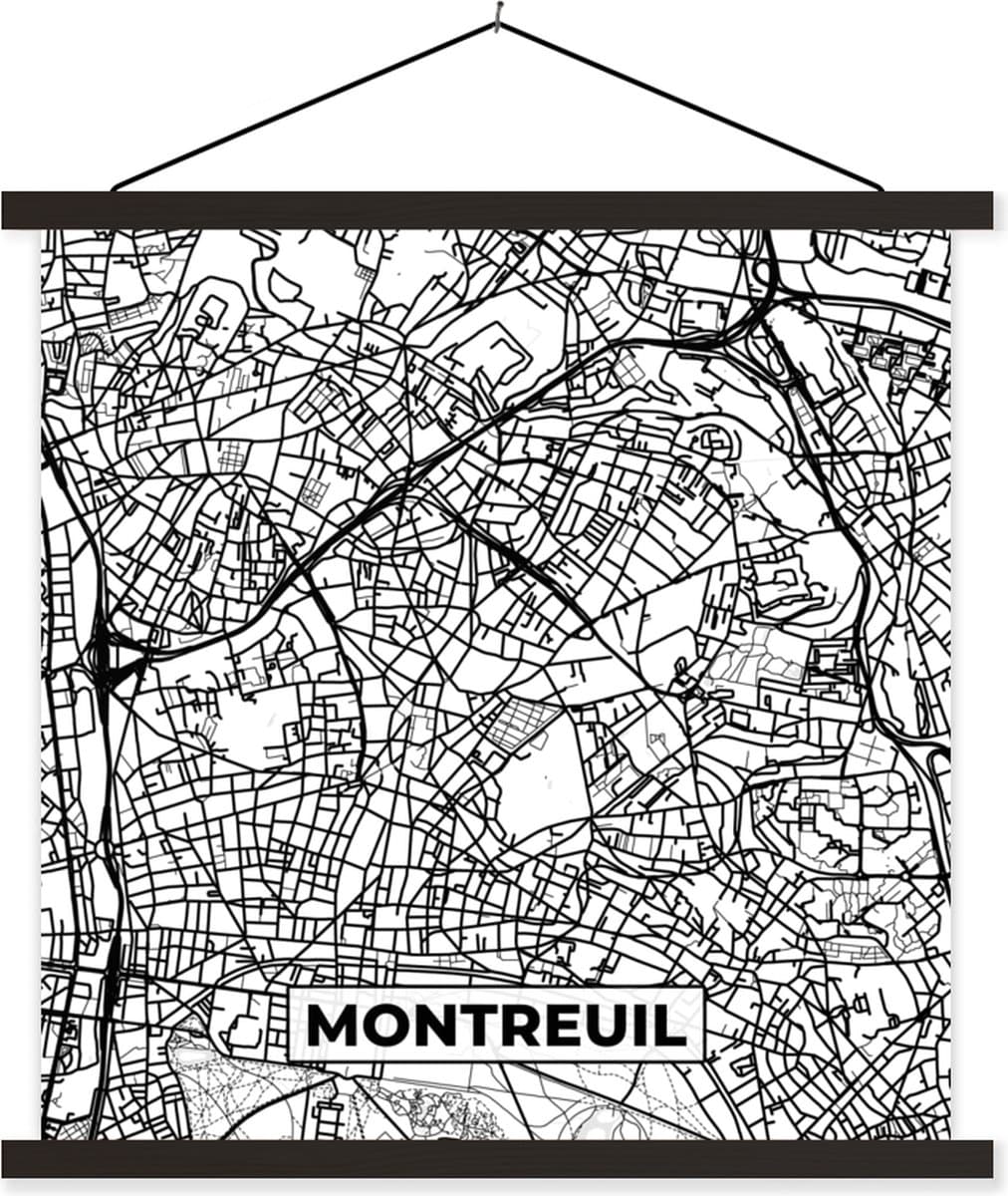 Posterhanger incl. Poster 90x90 cm - Schoolplaat - Stadskaart - Plattegrond - Montreuil - Kaart - Frankrijk - Zwart wit - Textielposter - Zwarte latten - Stadskaart