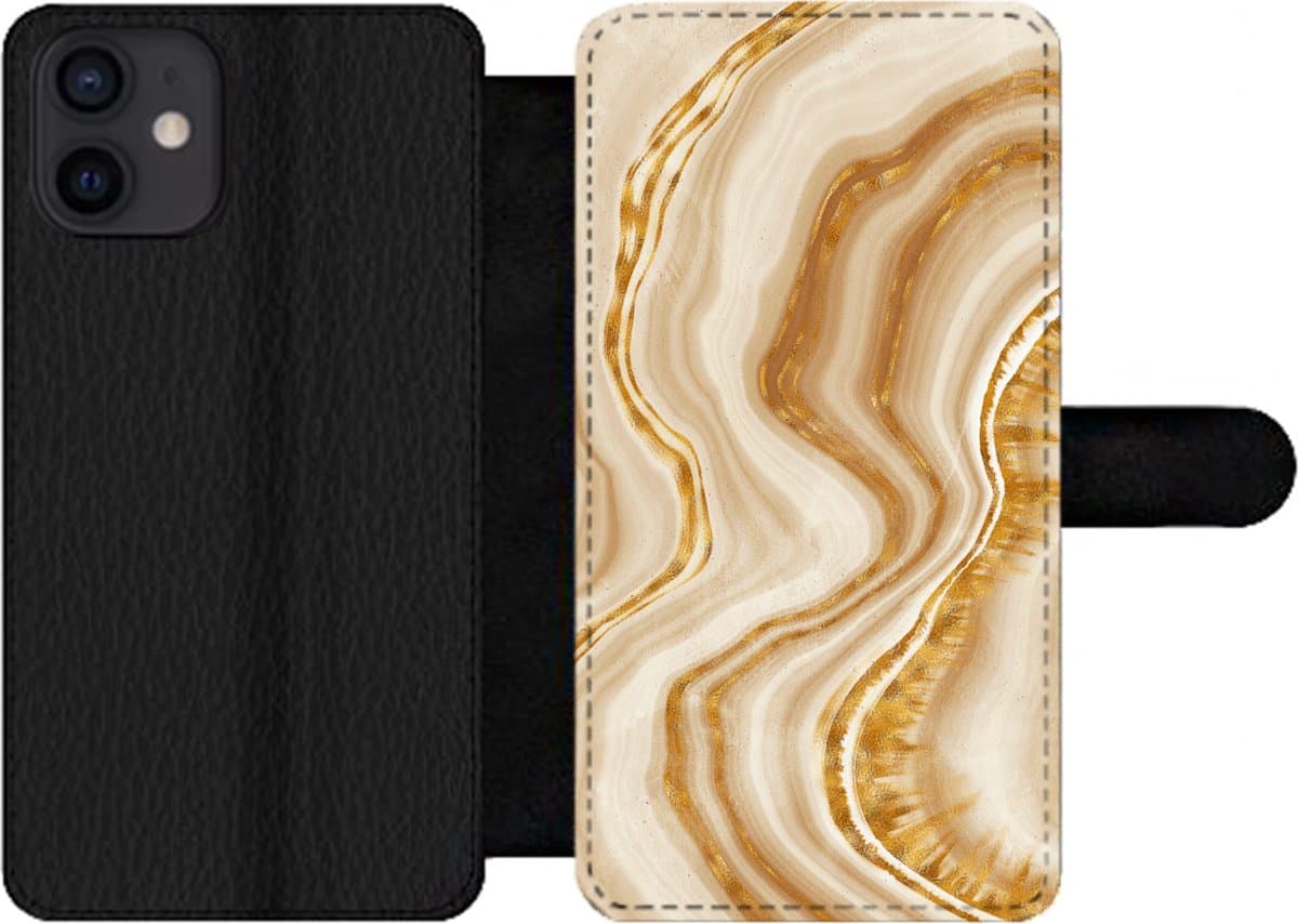 Telefoonhoesje Geschikt voor iPhone 12 telefoonhoesje - Marmer print - Beige - Patronen - Met vakjes - Wallet case met magneetsluiting