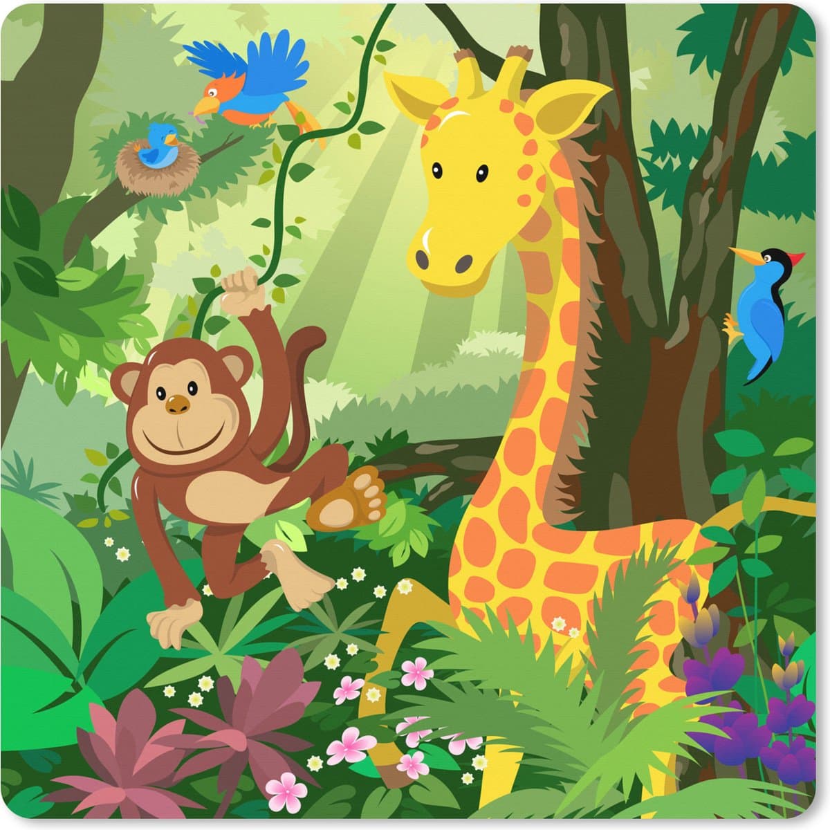 Muismat XXL 40x40 cm - Bureau onderlegger - Bureau mat Tropisch - Landschap - Jungle dieren - Meiden - Jongetjes - Baby - Kids - Bureaumat - Gaming mousepad xl - Bureaulegger groot - Computer deskmat