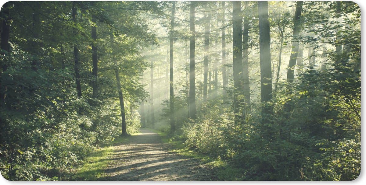 Muismat XXL 90x45 cm - Bureau onderlegger - Bureau mat Bos - Pad - Zon - Bomen - Groen - Natuur - Bureaumat - Gaming mousepad xl - Bureaulegger groot - Computer deskmat