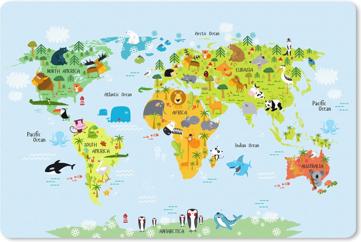 Muismat XXL 120x80 cm - Bureau onderlegger - Bureau mat Wereldkaart - Kinderen - Dieren - Natuur - Jongens - Meisjes - Bureaumat - Gaming mousepad xl - Bureaulegger groot - Computer deskmat