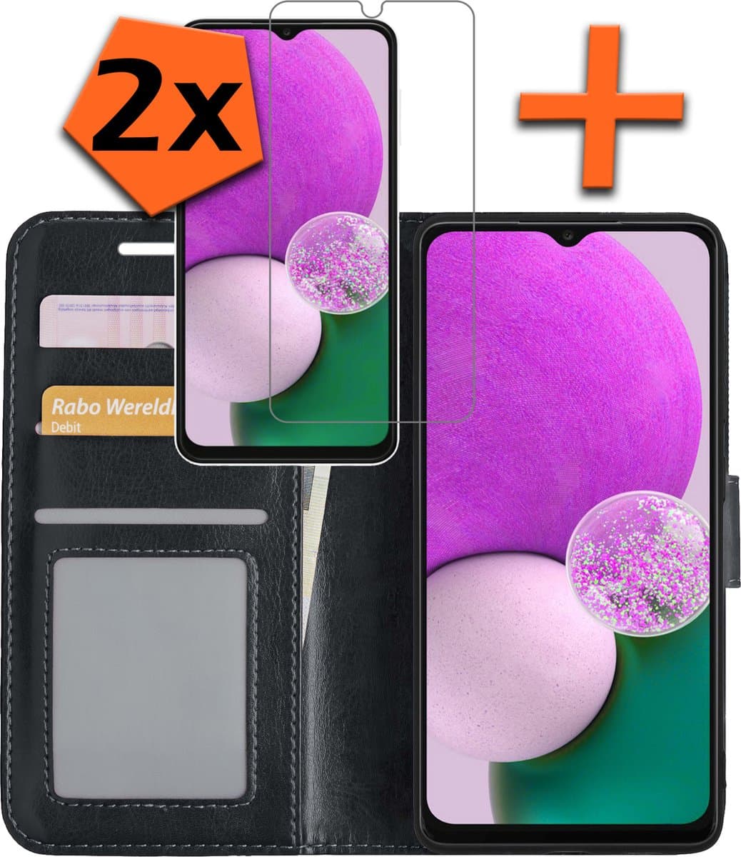 Hoes - Met 2x Screenprotector - Geschikt voor Samsung Galaxy A13 5G - Luxe Pasjeshouder - Bookcase Portemonee - Flip Case - Kunstleer Book Case - Flipcase Hoes - Book Cover - Walletcase - PortemonneeHoes - Zwart