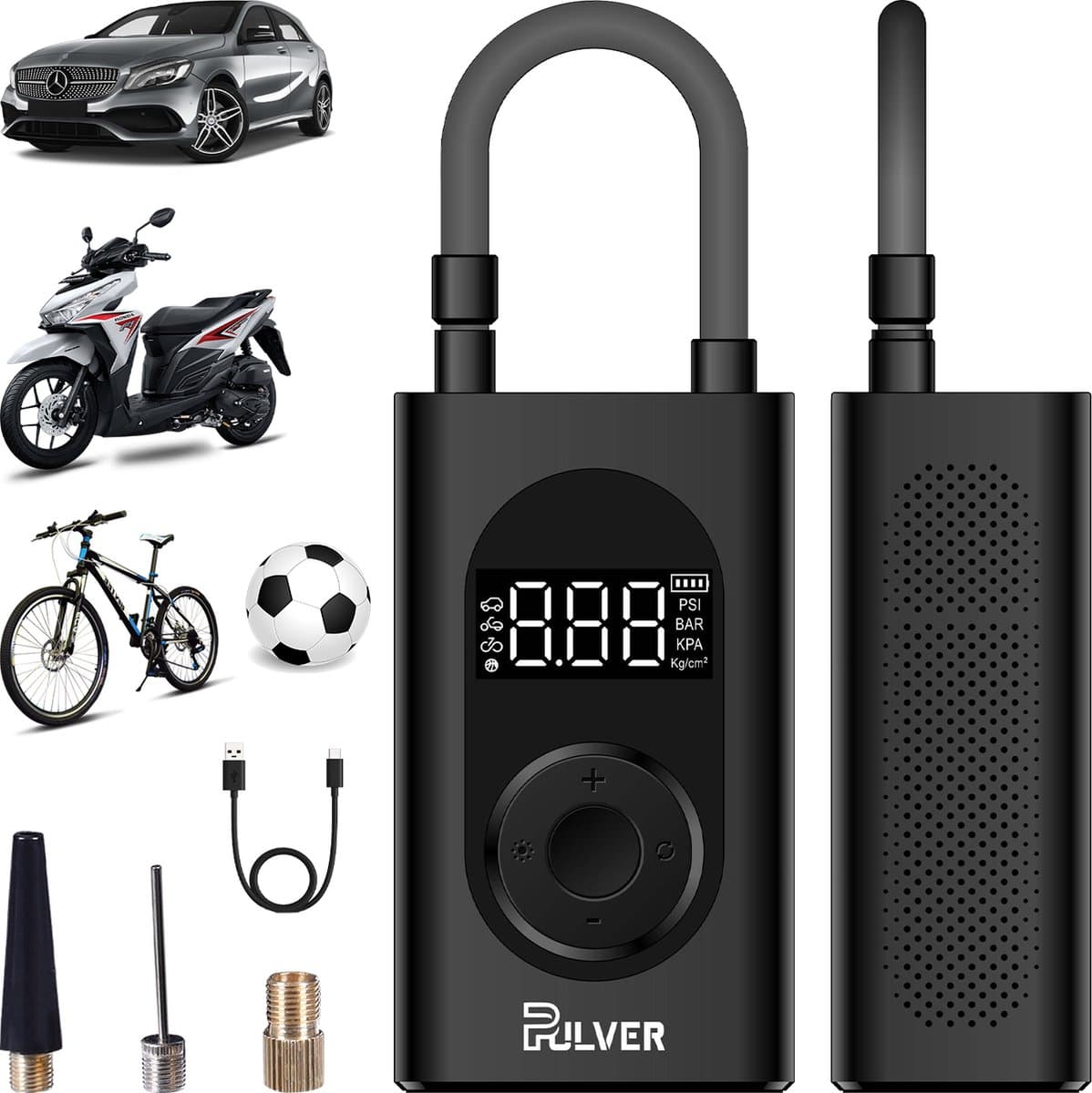 Pulver® - Elektrische pomp - Oplaadbaar & Draagbaar - Luchtcompressor - Elektrische Fietspomp - Ballenpomp – met druk meter - Zaklamp & Powerbank functie - 4000 MAH