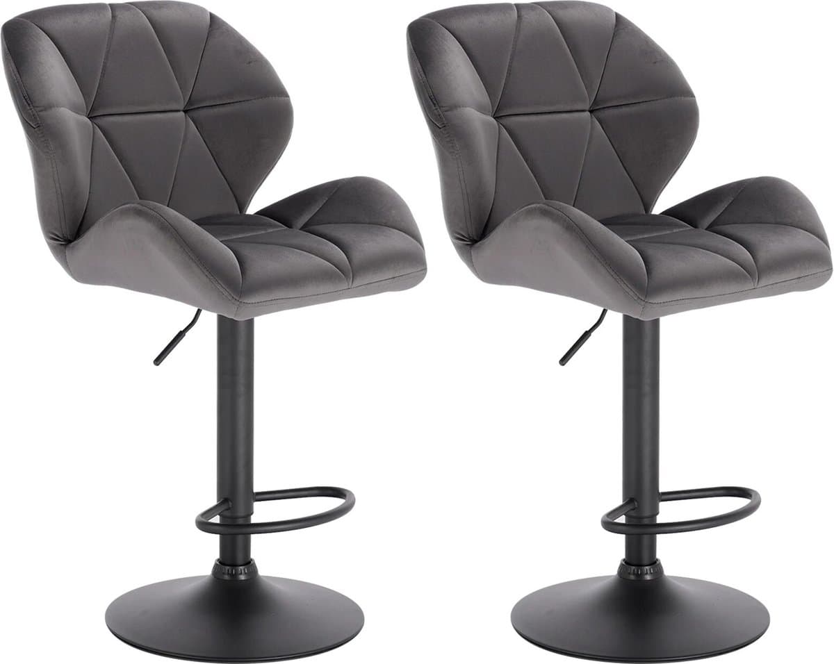 BukkitBow - Luxe Barkrukken Velvet Met Rugleuning en Mini Armleuning - Draaibaar en met Voetensteun - (60 - 82CM Zithoogte) - Donker Grijs