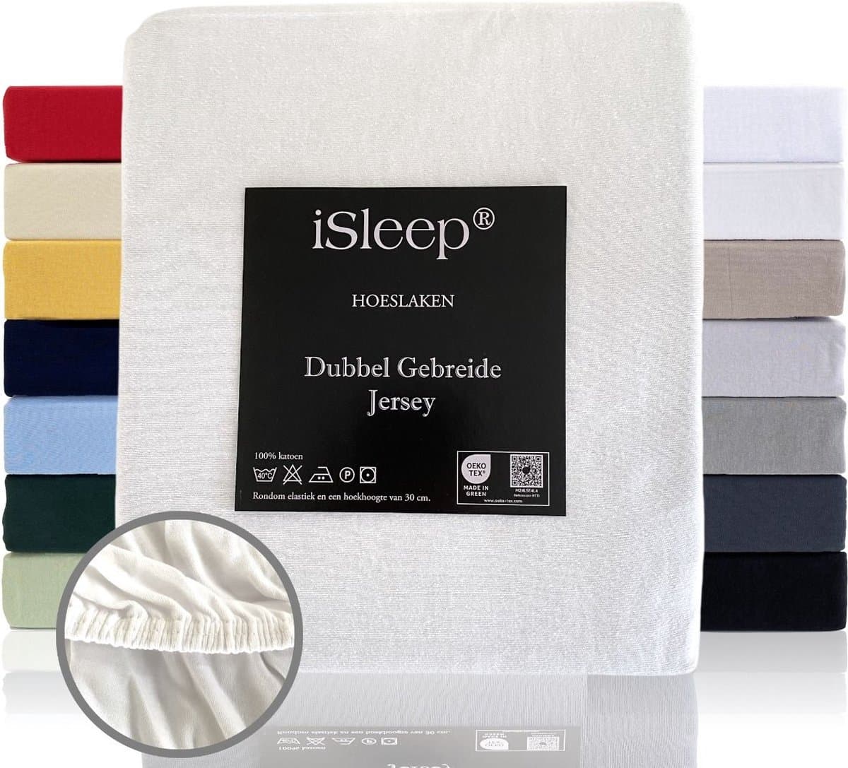 iSleep Dubbel Gebreide Jersey Hoeslaken - Hoge Hoek - Rondom Elastiek - Litsjumeaux XL - 180/190x210/220 cm - Wit