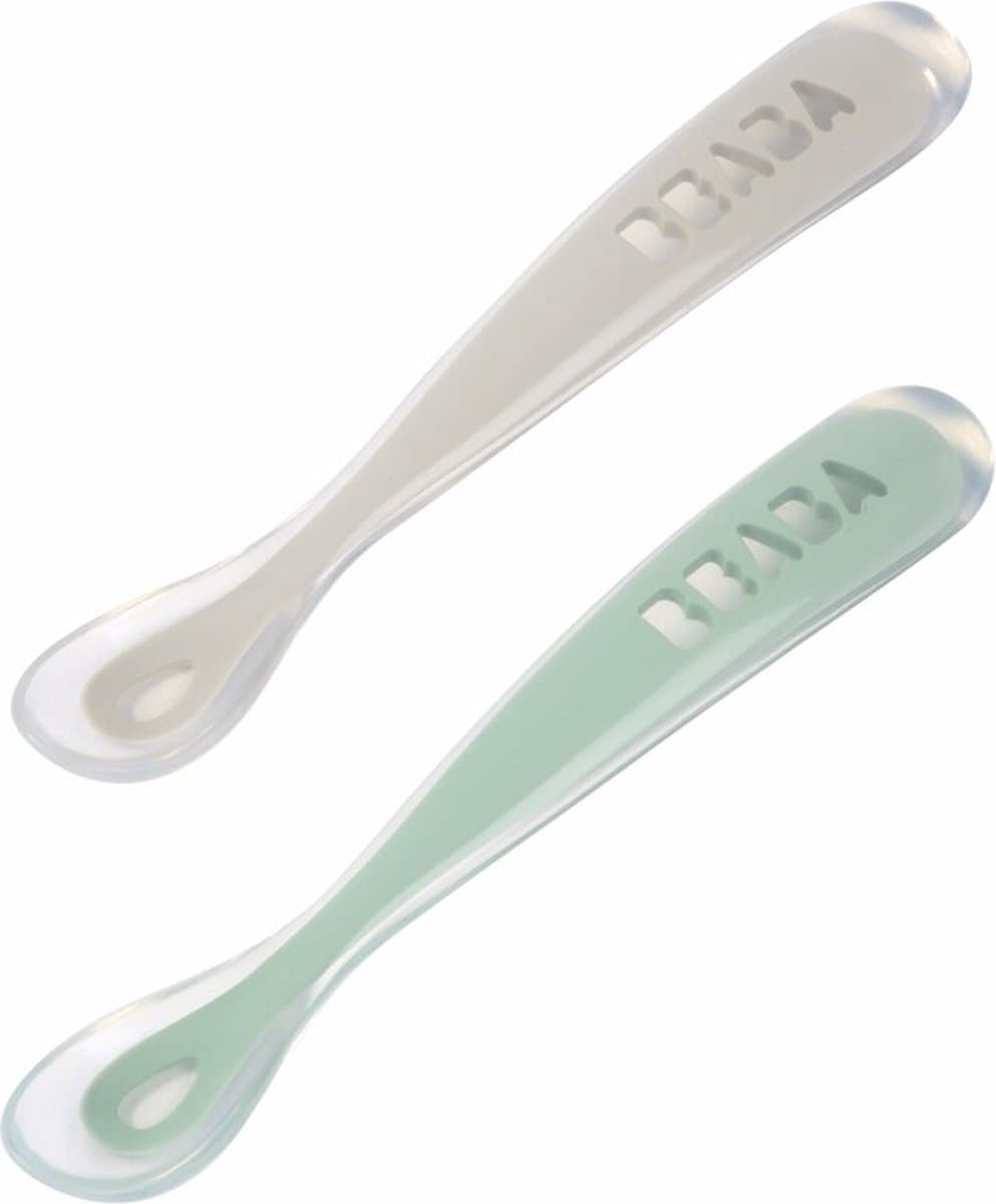 Béaba Siliconen Baby Lepeltjes - Kinderbestek - Eetlepel baby - Set van 2 - 4+ Maanden - Grijs/groen