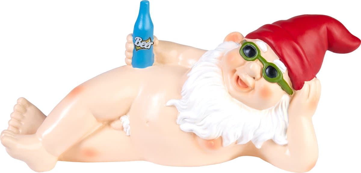 BRUBAKER Naakte Liggende Tuinkabouter - Nudist Kabouter met Bier en Zonnebril - Grappige Frivole Nudistische Tuinfiguur - Weerbestendige Decoratie voor Tuin Camping en Buiten - 24 cm