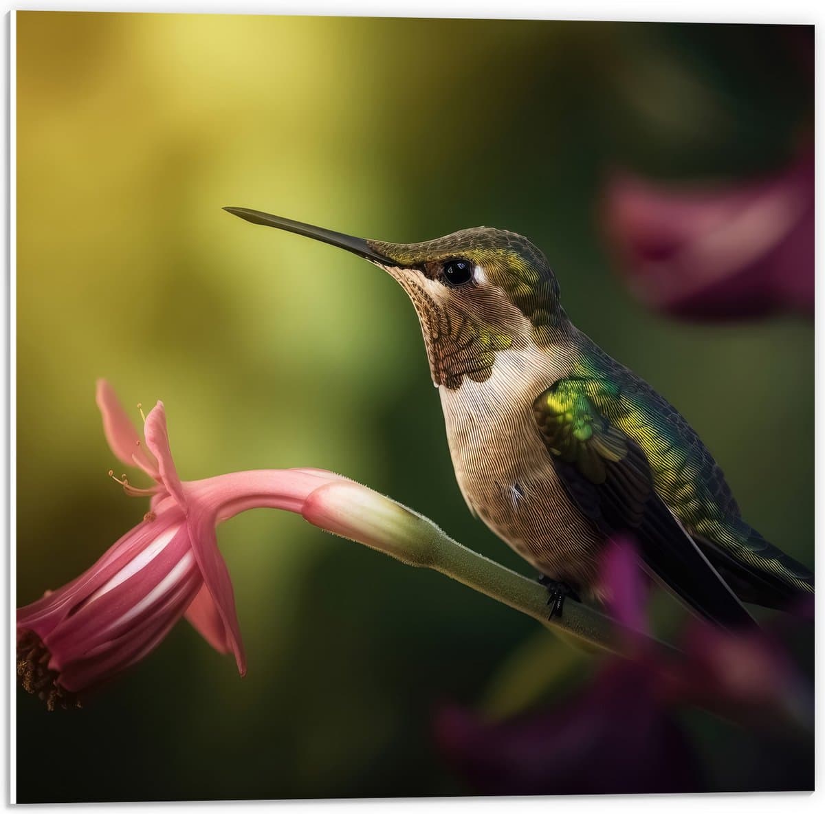 PVC Schuimplaat - Kolibrie op Groene Tak van Roze Lelie Bloem - 50x50 cm Foto op PVC Schuimplaat (Met Ophangsysteem)