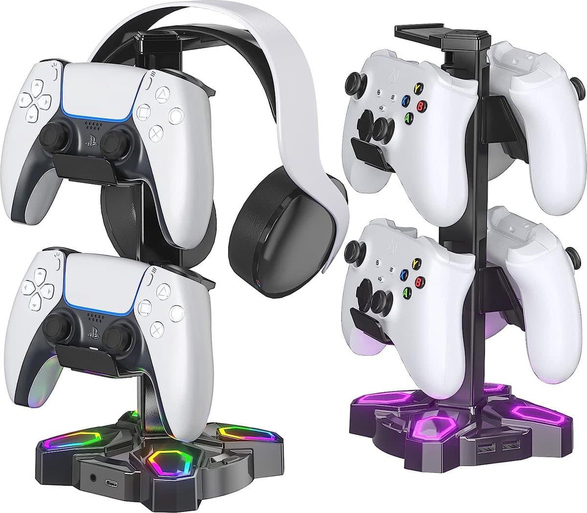 Intelectro Headset Stand / Controller Stand - Upgrade je Gaming Setup met de Ultieme RGB Gaming Koptelefoonhouder! - Verschillende Lichtmodi - Draaibaar - USB Opladen - Eenvoudige Installatie - Multipurpose - Zwart - Levering Sneller dan Aangegeven!