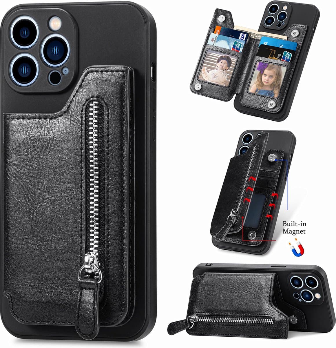 Luxe Hybride Rits Card&Cash Wallet Case + PMMA Screenprotector voor iPhone 14 Pro Max _ Zwart