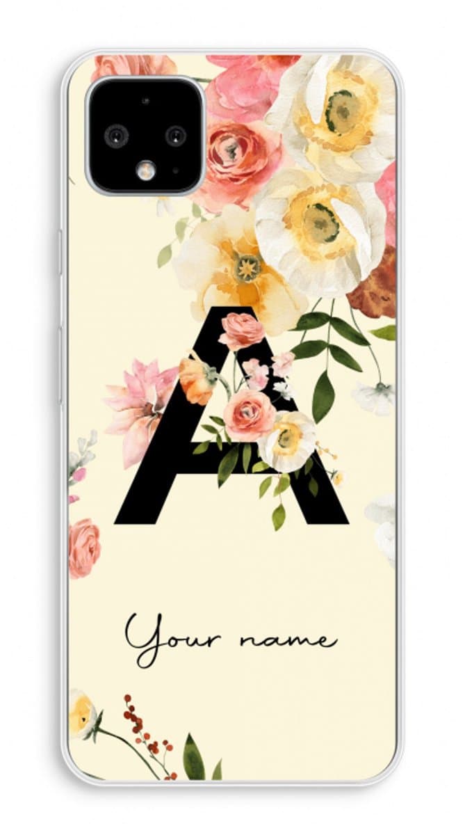Gepersonaliseerd - Case Company® - Hoesje geschikt voor Google Pixel 4 XL hoesje - Flirty Flowers Monogram - Soft Cover Telefoonhoesje - Bescherming aan alle Kanten en Schermrand
