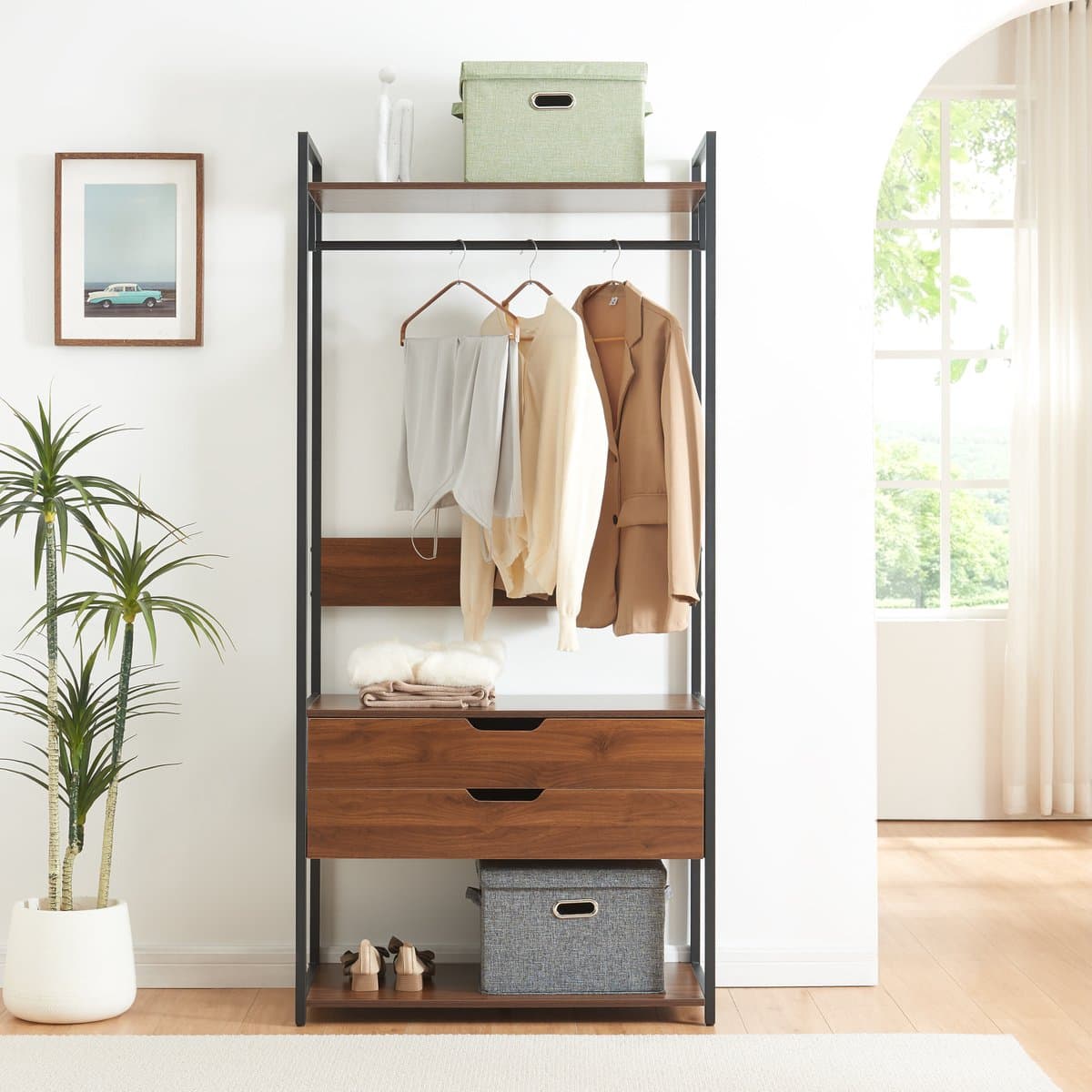 Kledingkast Larem met 2 lades 180x84x40 cm zwart en walnootkleurig [en.casa]