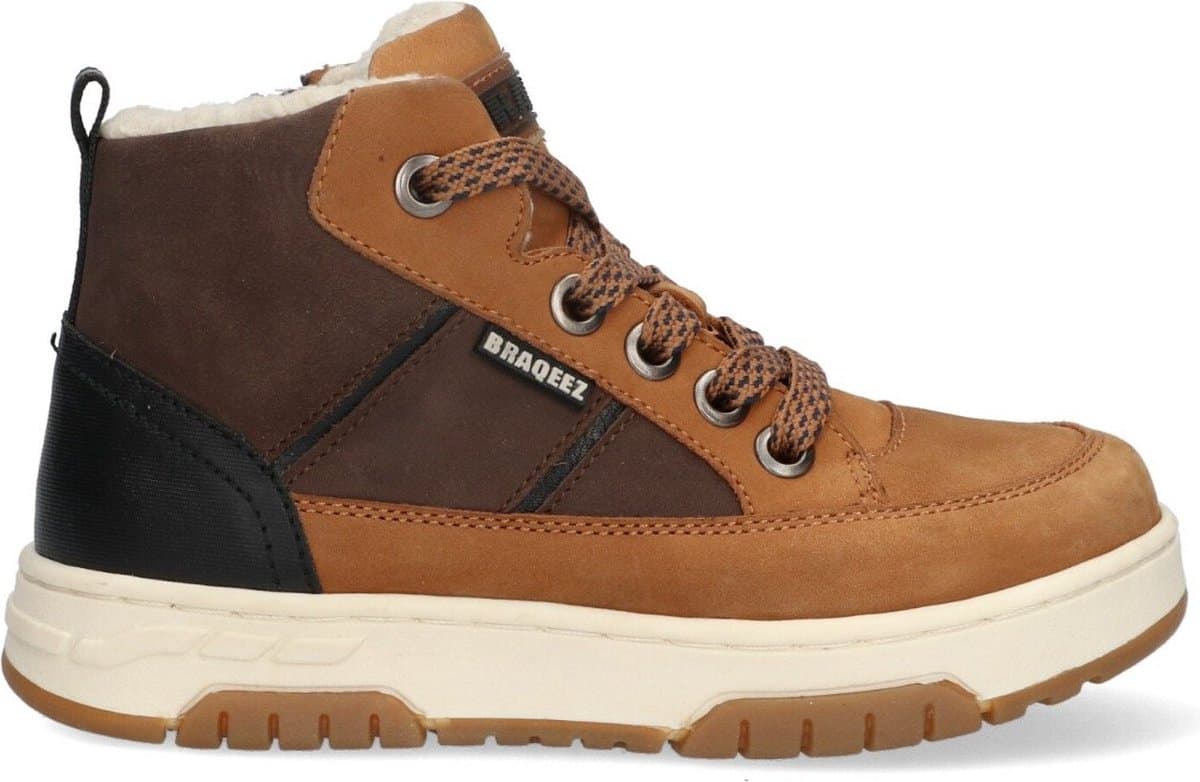 Braqeez 424608-113 Jongens Hoge Sneakers - Bruin/Wit/Grijs - Nubuck - Veters