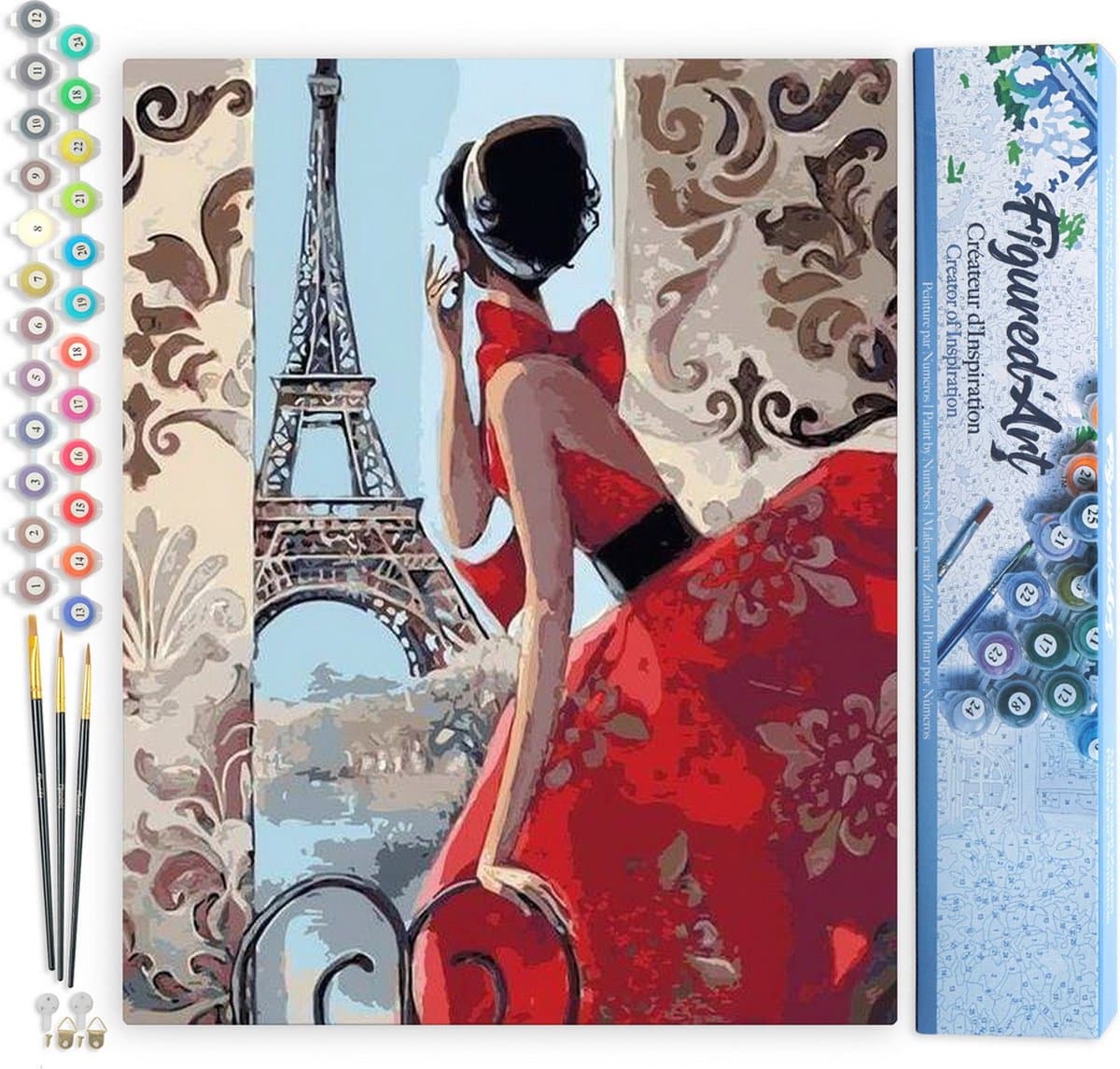 Figured'Art Schilderen op Nummer Volwassenen canvas Mooie vrouw en Eiffeltoren - Handwerk acrylverf Kit DIY Compleet - 40x50cm zonder frame